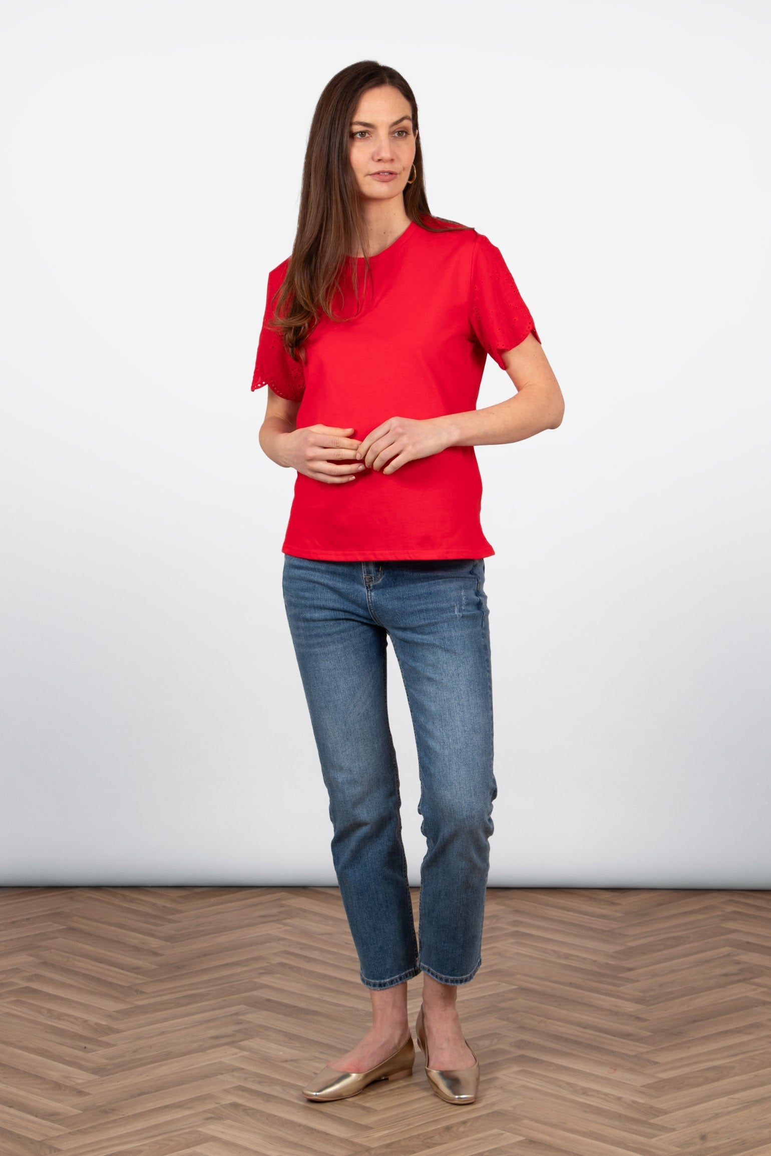 bryn-cotton-short-sleeve-top-red-broderie-anglaise-on-model-front-view