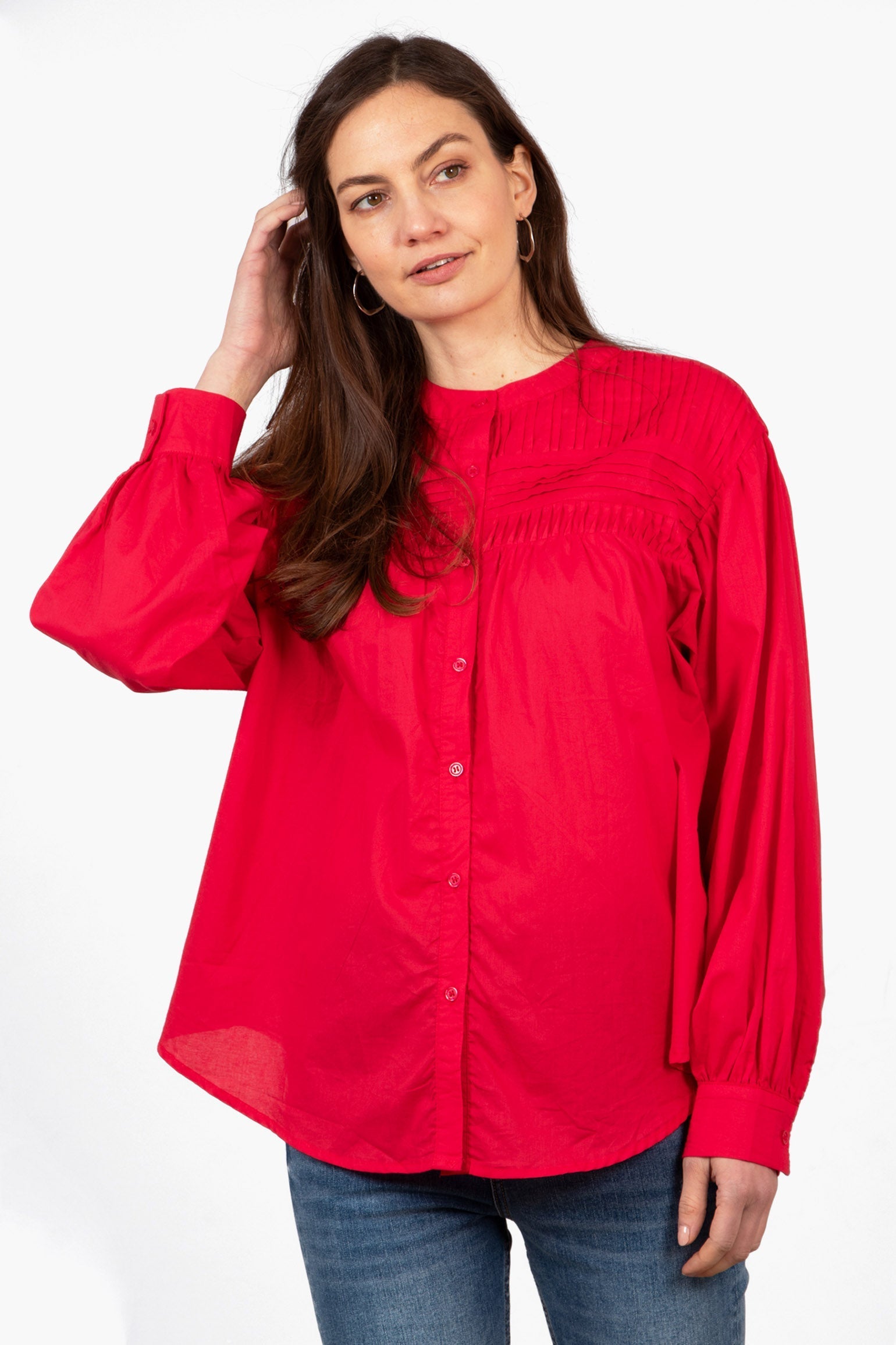 libby-long-sleeve-button-down-cotton-shirt-red-pleated-front-view-on-model