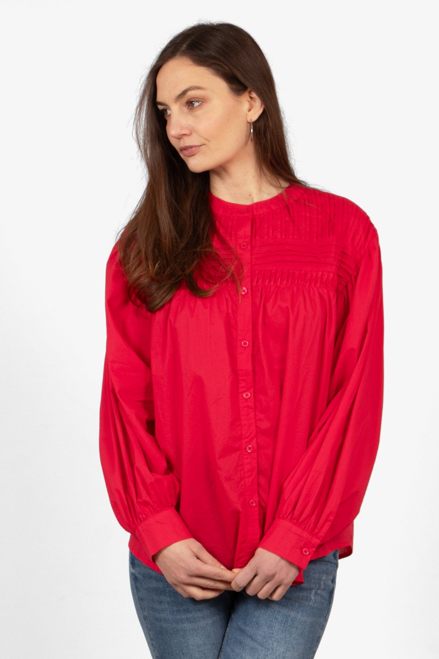 libby-long-sleeve-button-down-cotton-shirt-red-pleated-blouson-lightweight