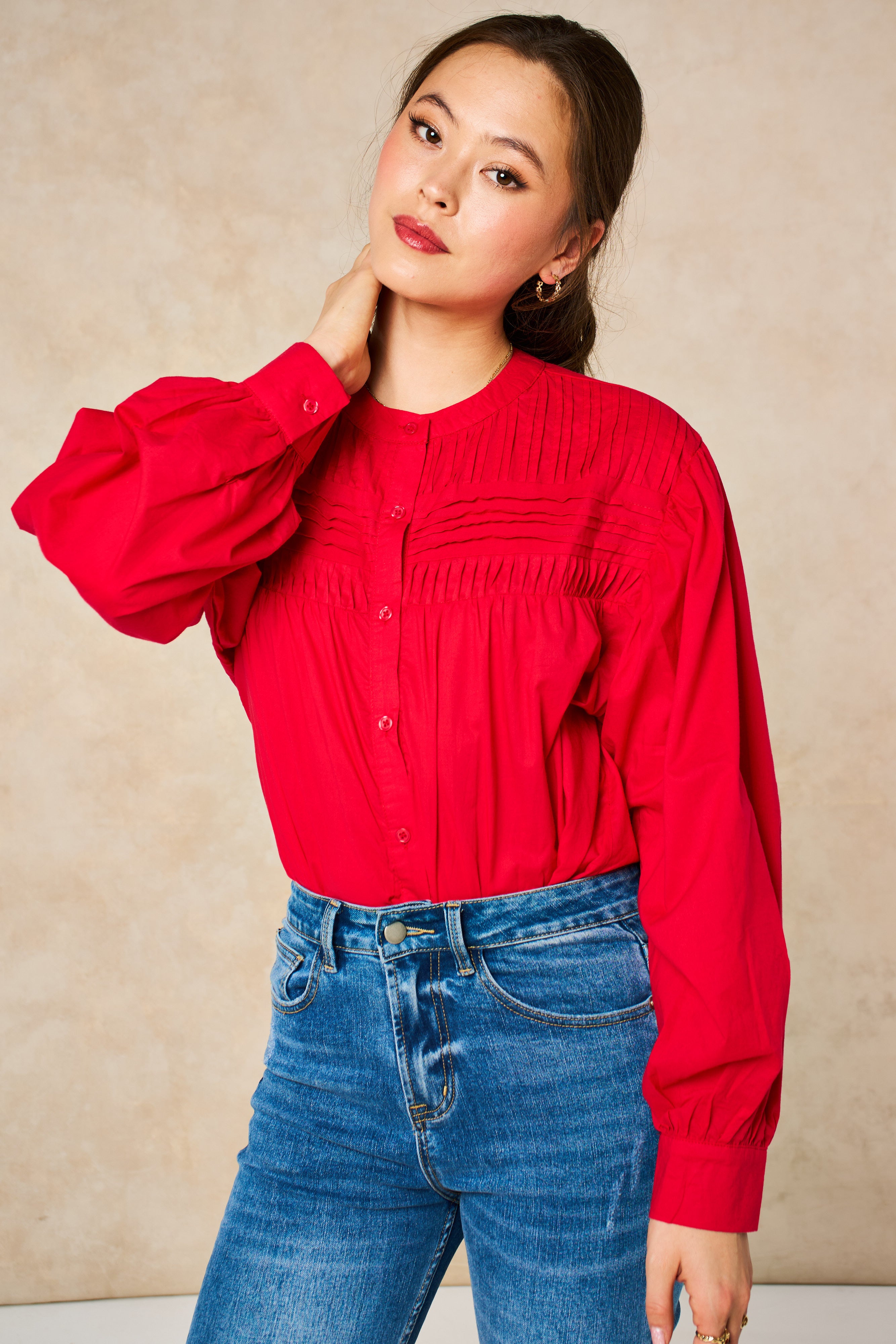 libby-long-sleeve-button-down-cotton-shirt-red-pleated-blouse