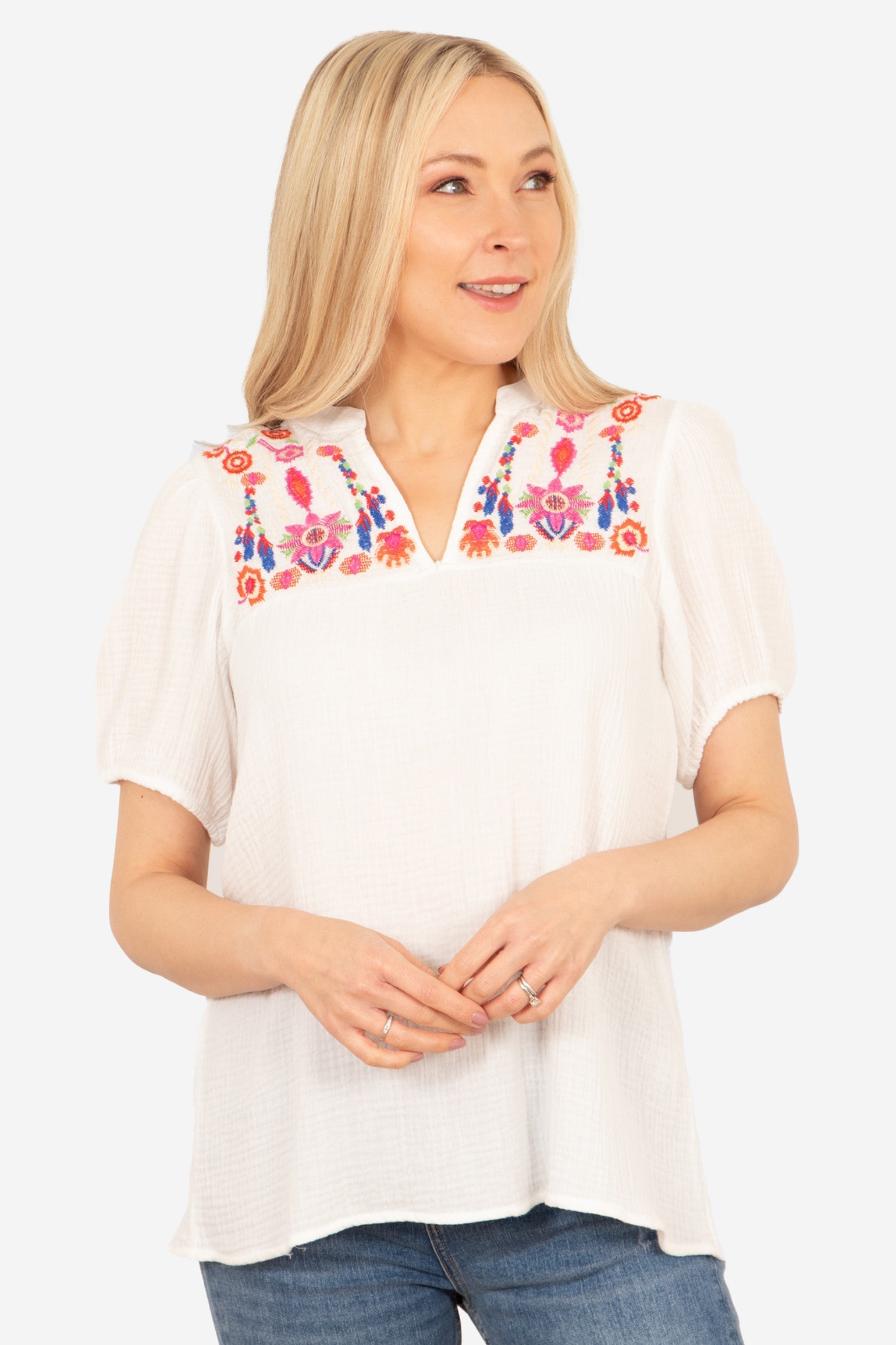 lula-short-sleeve-blouse-white-floral-embroidery-v-neck-colorul-flowers