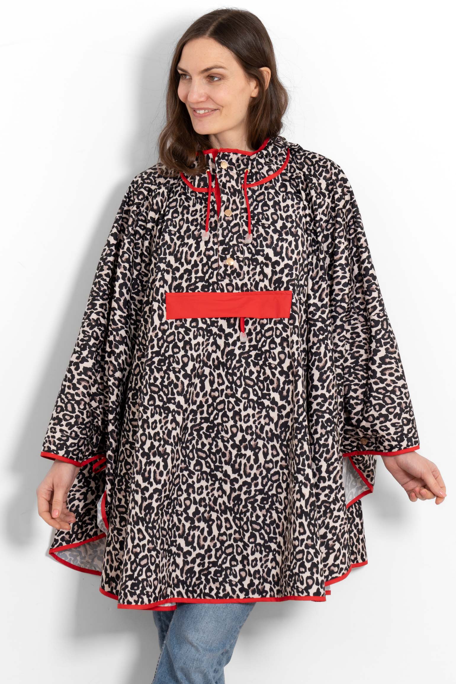Aspen Waterproof Rain Poncho - Cream/Red, Leopard