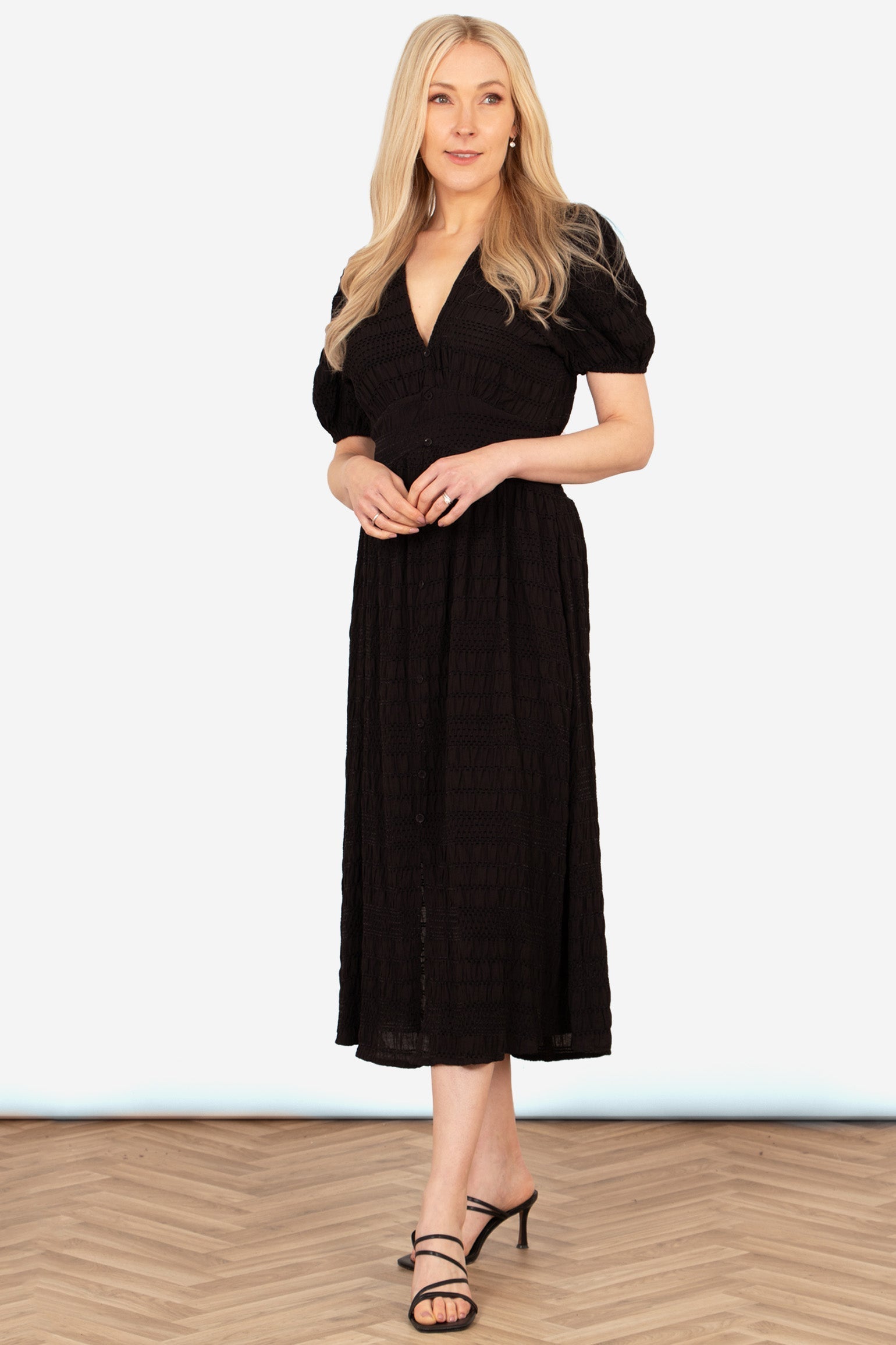 button front midi tea dress Sarta Black Midi Tea Dress Shirred Short Sleeve V-Neck Sundress UK Small (UK 8