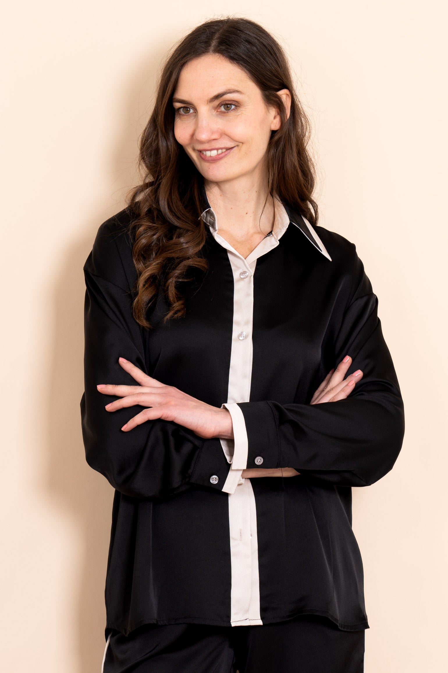 birdie-long-sleeve-blouse-black-cream-contrast-stripe-front-view-on-model