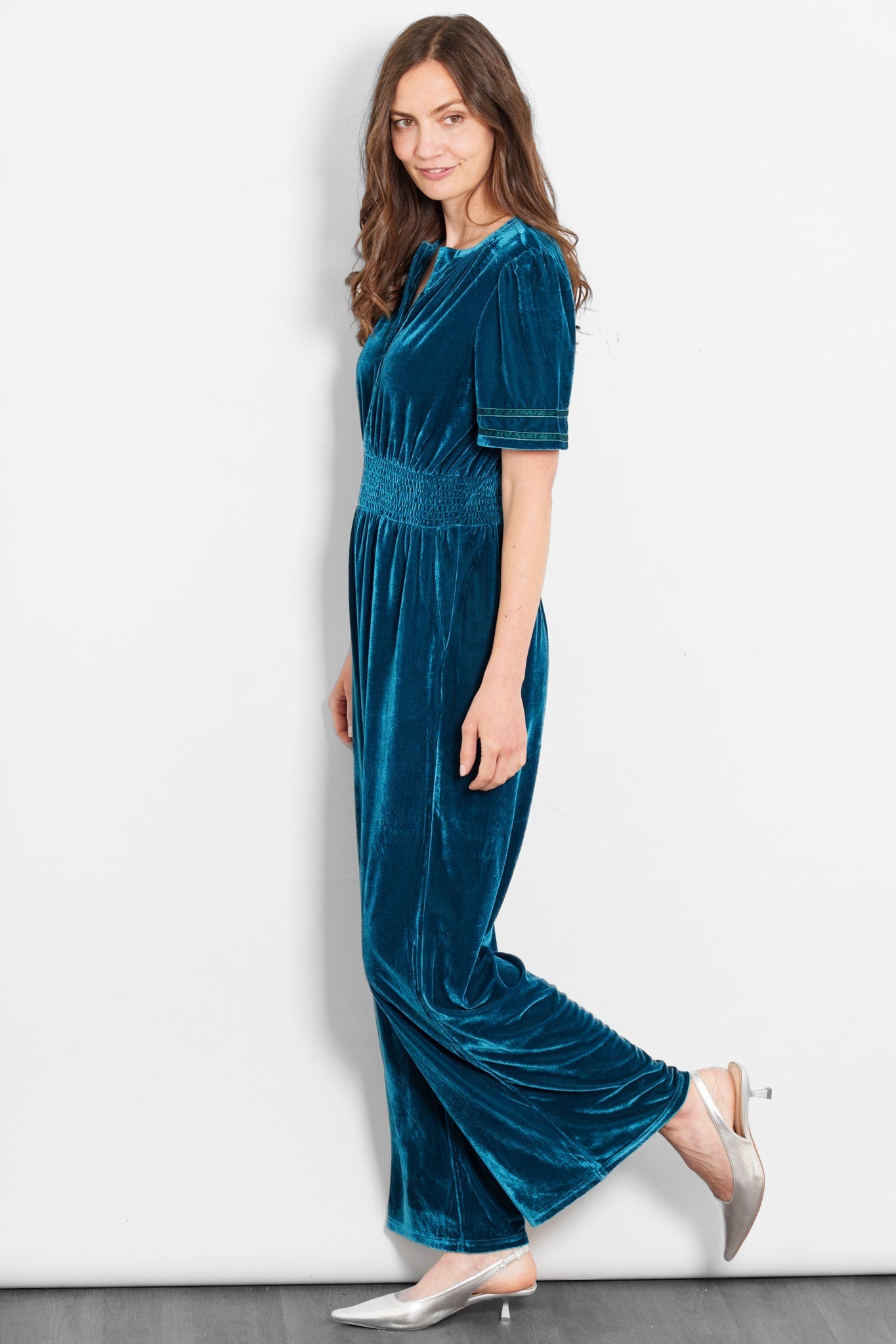 lydia-v-neck-jumpsuit-teal-velvet-wide-leg-trouser