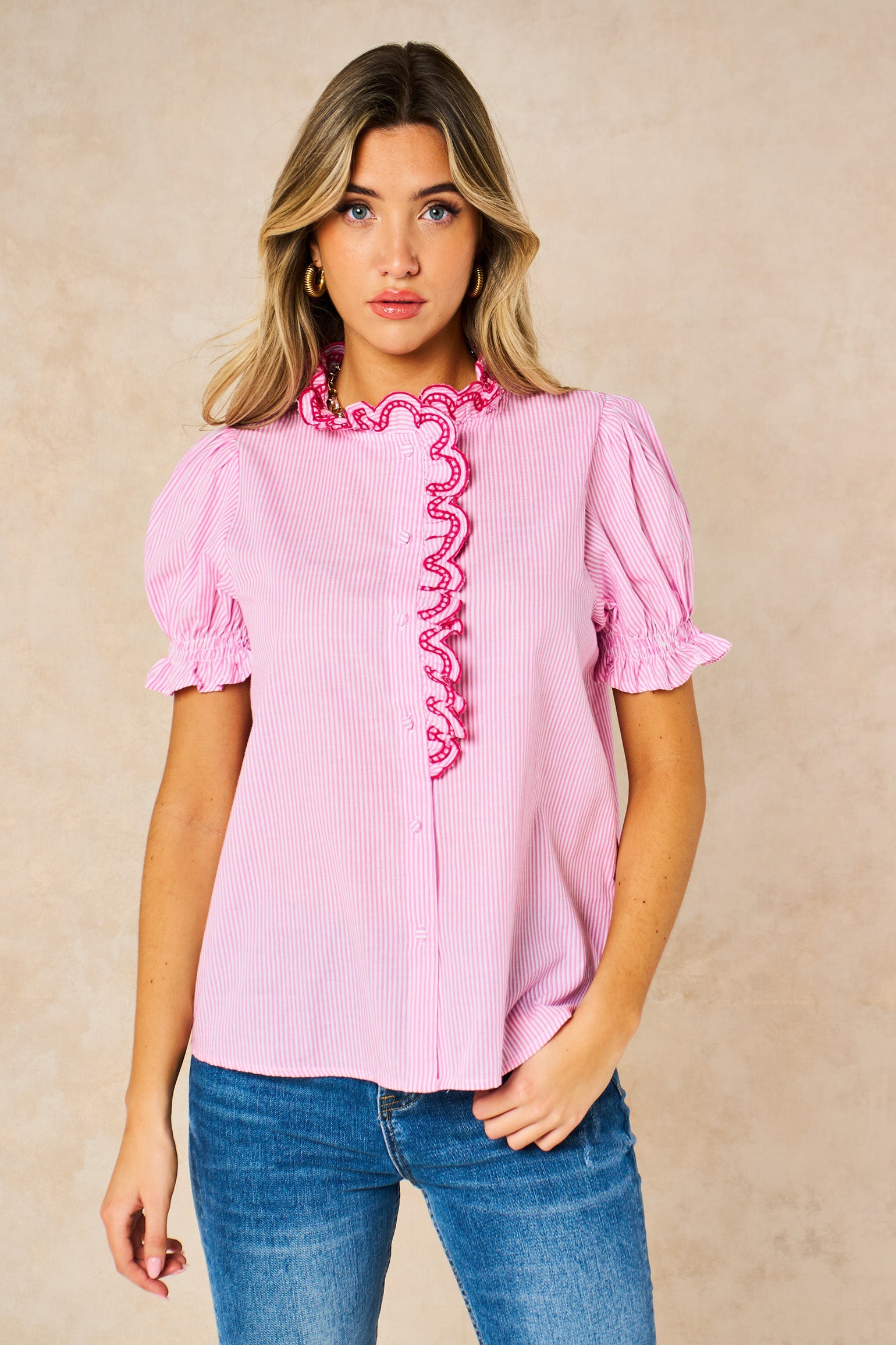 Candy Stripe Short Sleeve Shirt Cotton - Pink - Sarta UK