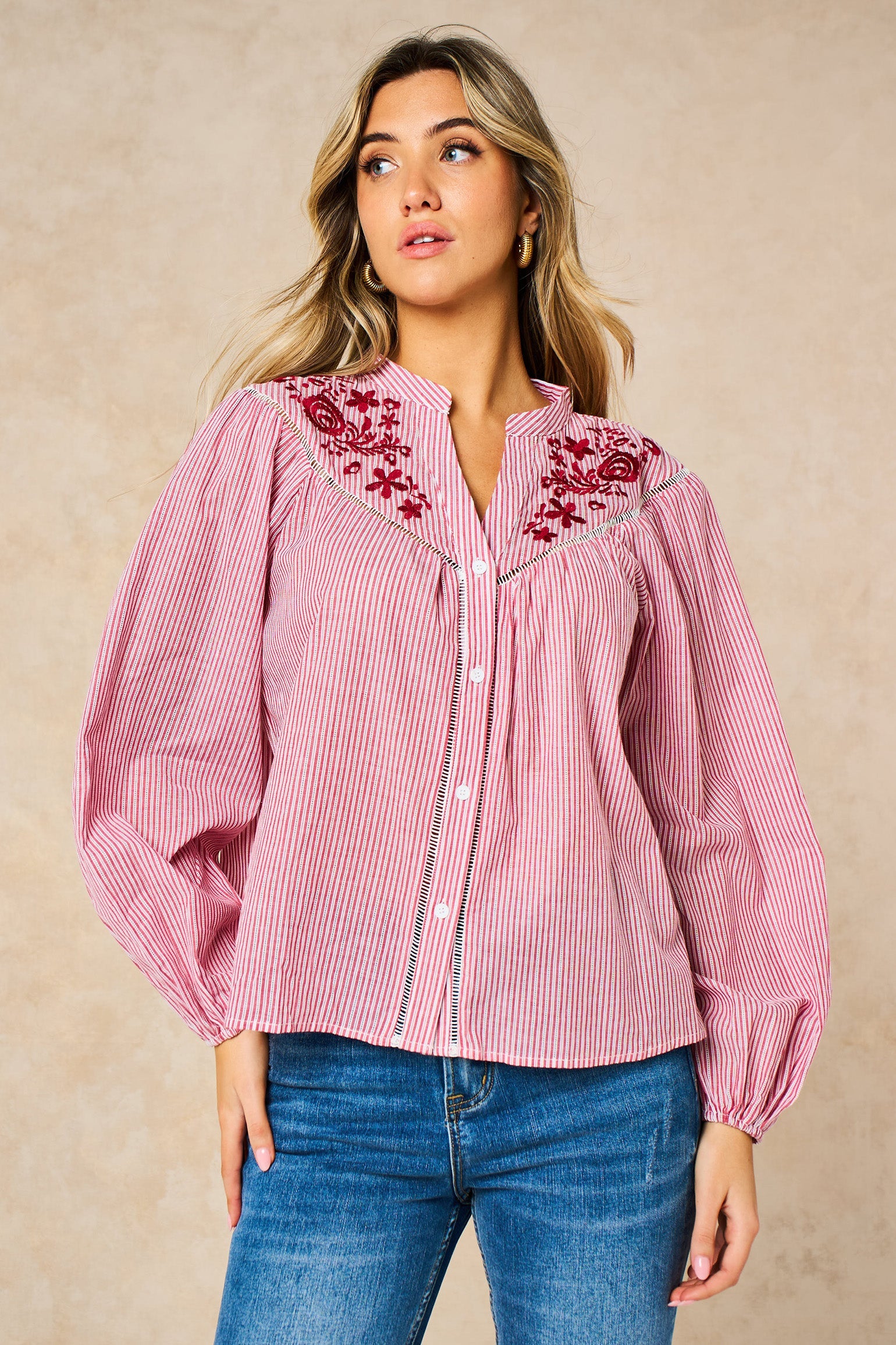 Embroidered-Floral-Long-Sleeve-Cotton-Shirt-in-Red-Front