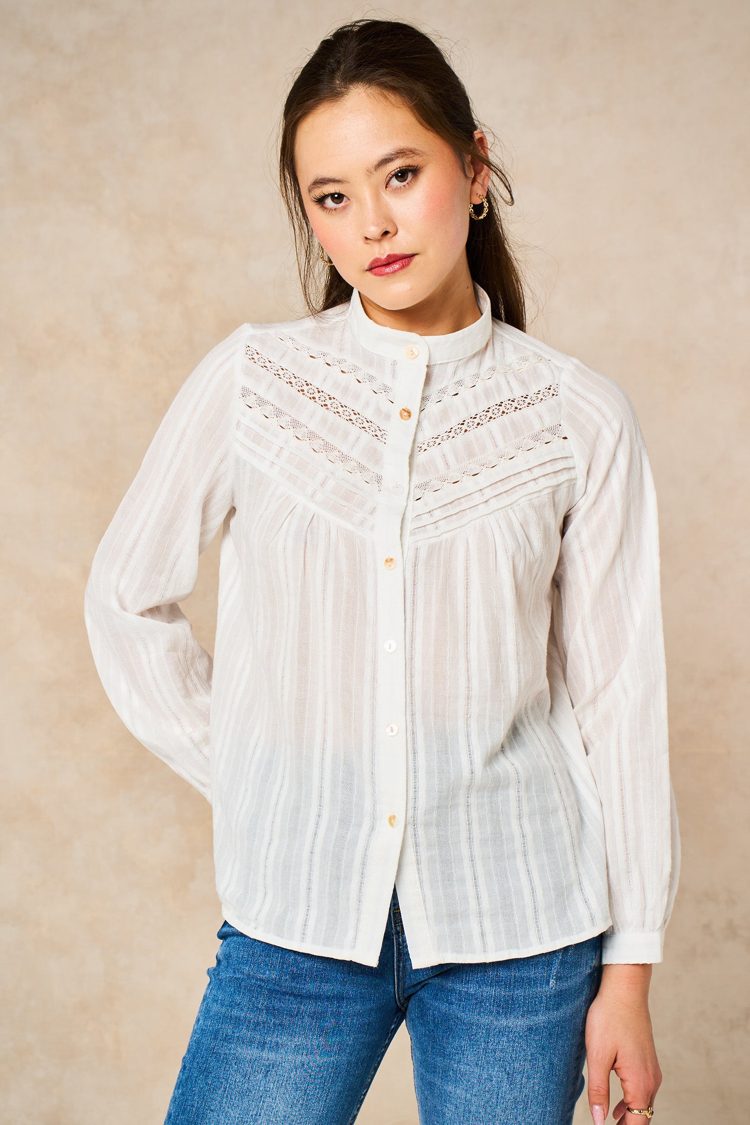 Lace-Stripe-Long-Sleeve-Cotton-Shirt-in-White-Front