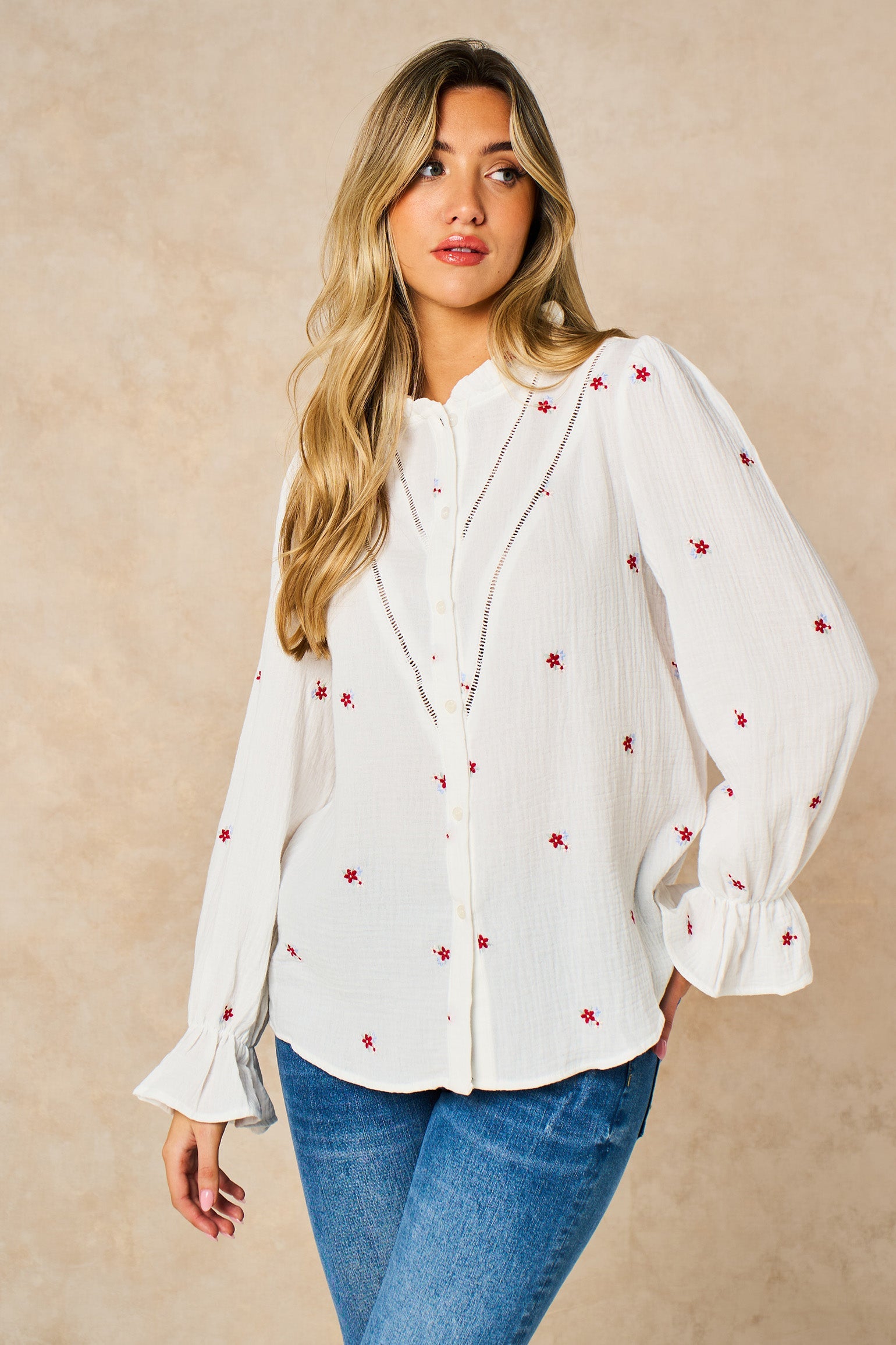 Floral-Long-Sleeve-Double-Gauze-Cotton-Shirt-in-White-Front