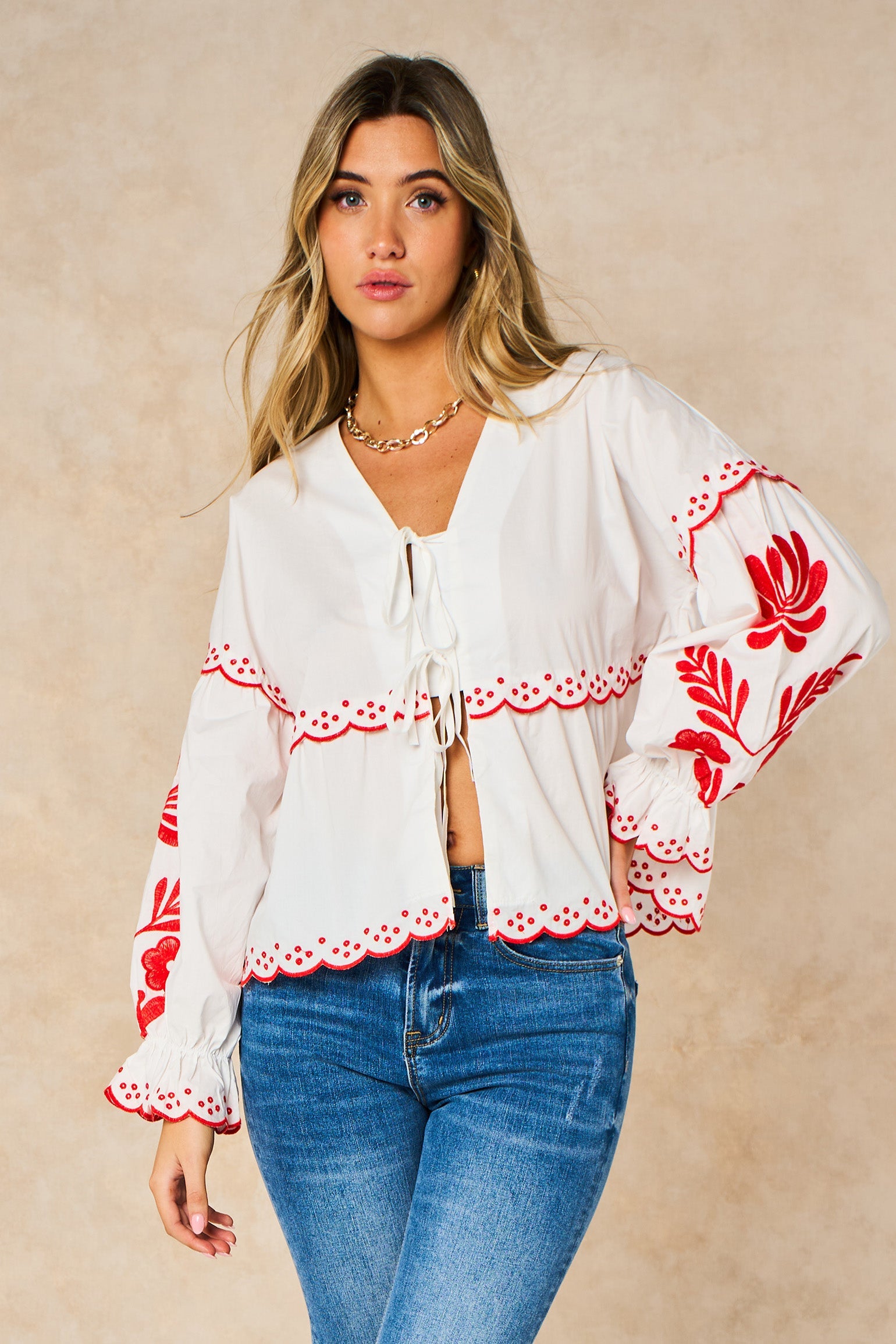 Embroidered-Floral-Front-Tie-Cotton-Shirt-in-White-Front