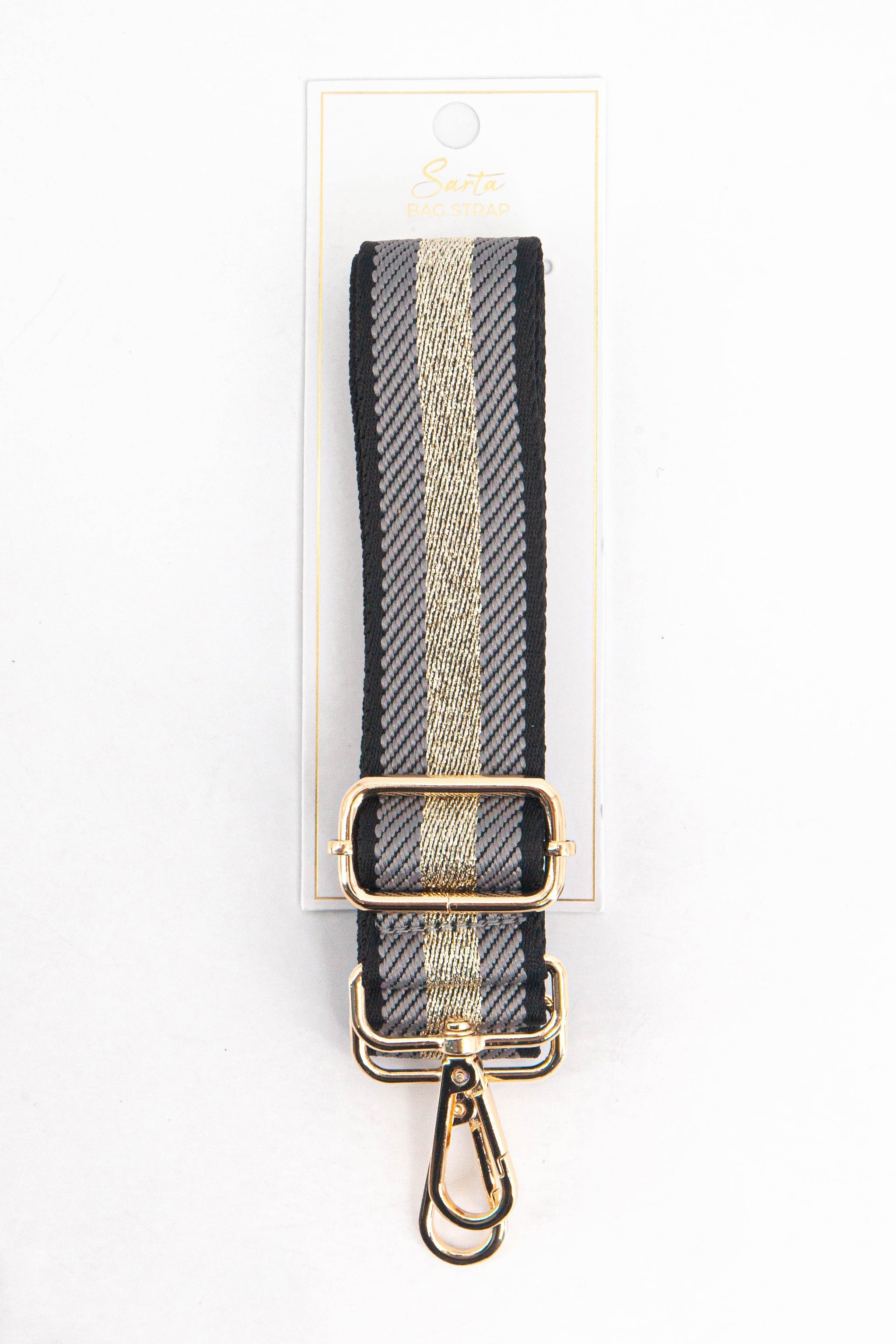 grey and gold glitter stripe woven bag strap in its sarta packaging