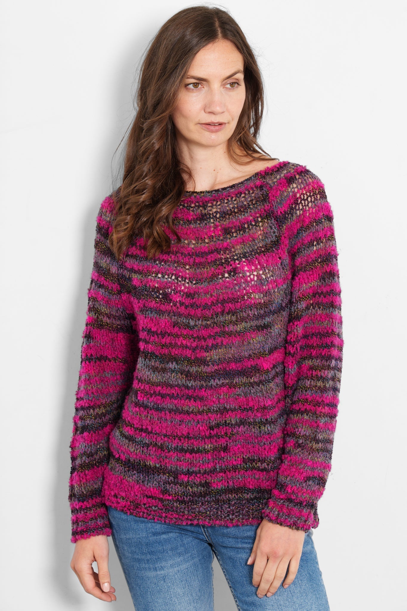 sage-wool-blend-jumper-raspberry-textured-stripe-model-front-view