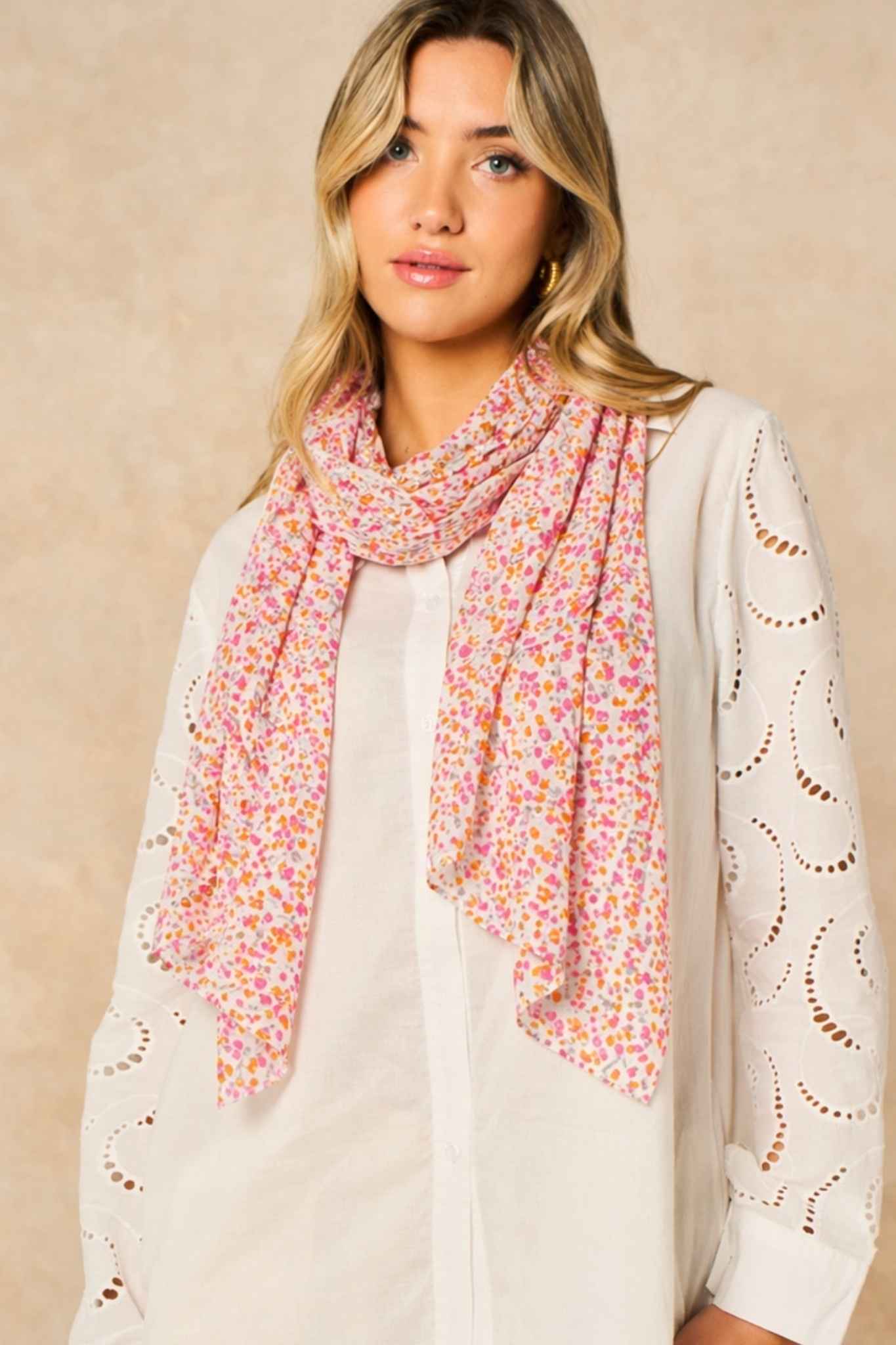 Ditsy Floral Print Lightweight Scarf in Orange