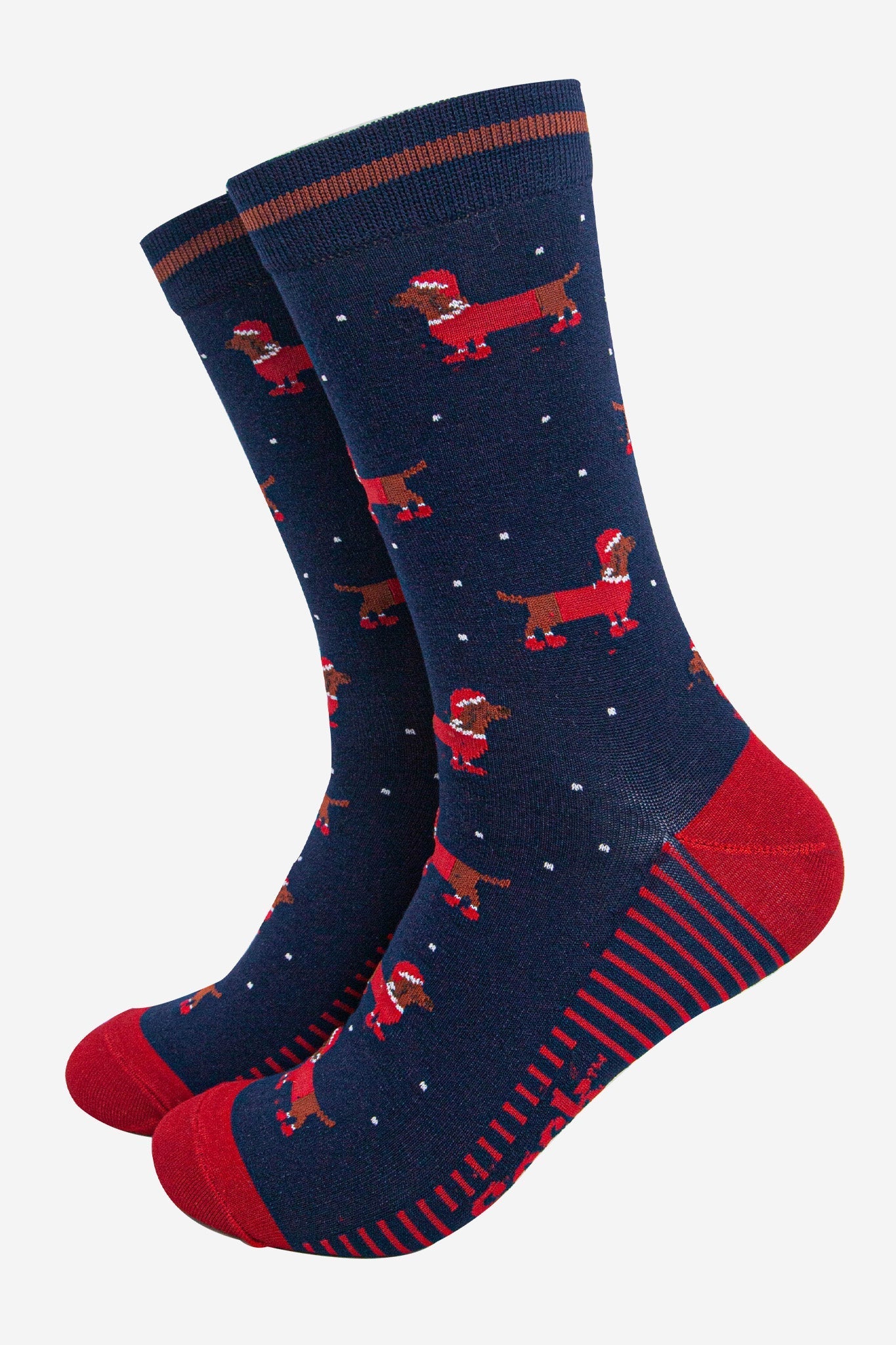 mens-bamboo-socks-navy-blue-red-santa-sausage-dog-dachshunds