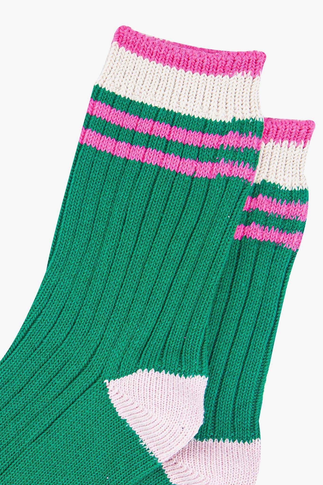 womens-mid-calf-socks-green-pink-striped-cuff-close-up