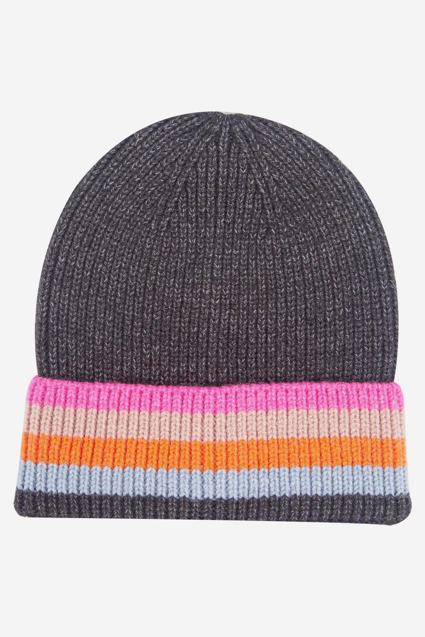 delta-dark-grey-rainbow-stripe-beanie-hat-laying-flat