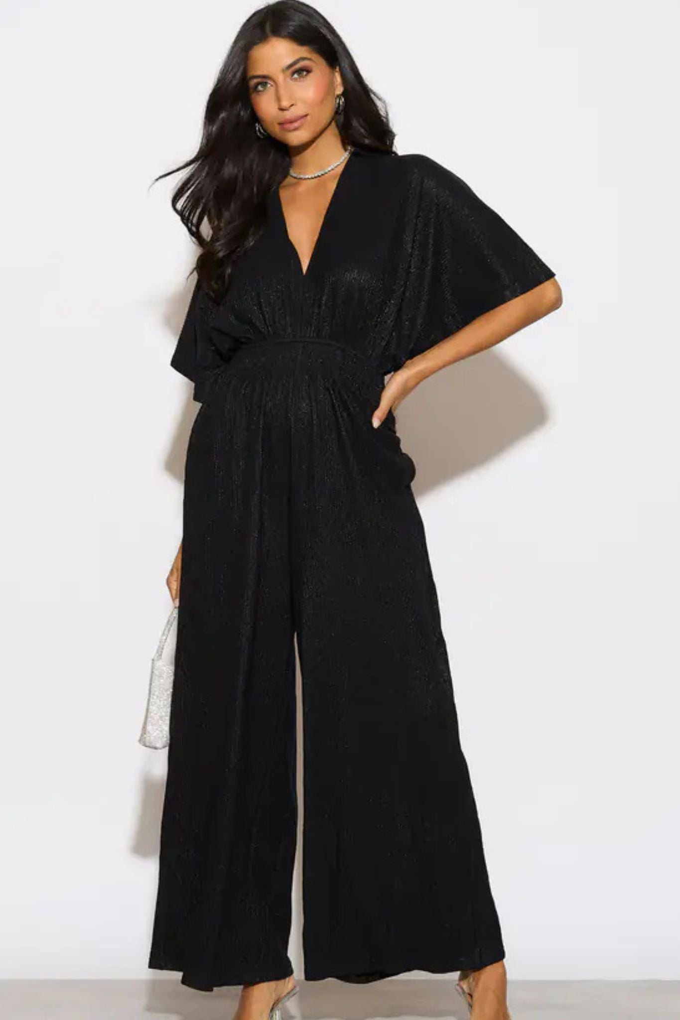 Scarlett V-Neck Jumpsuit - Black, Pleated