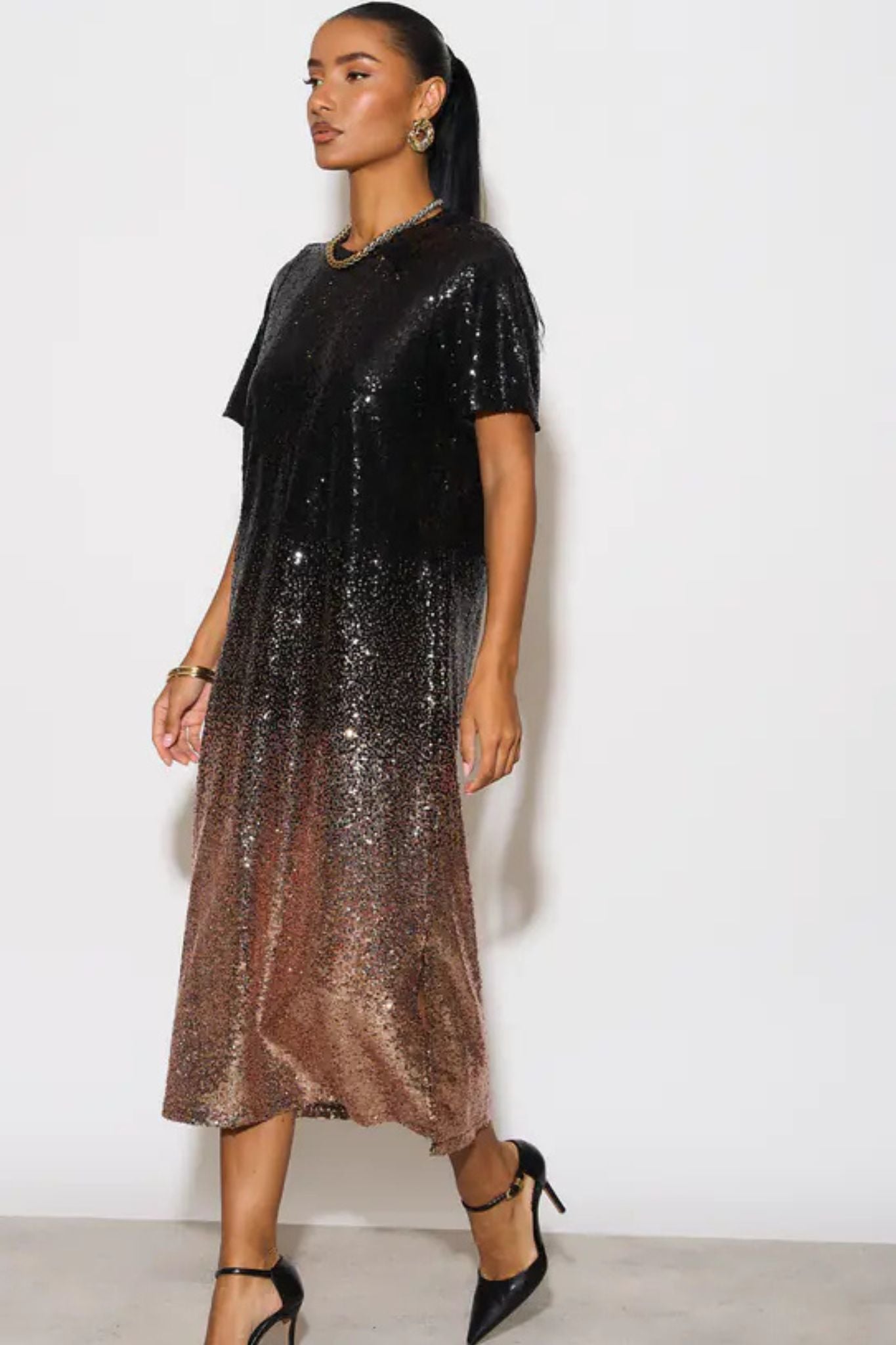 Celeste Midaxi T-Shirt Dress - Black/Bronze, Sequin
