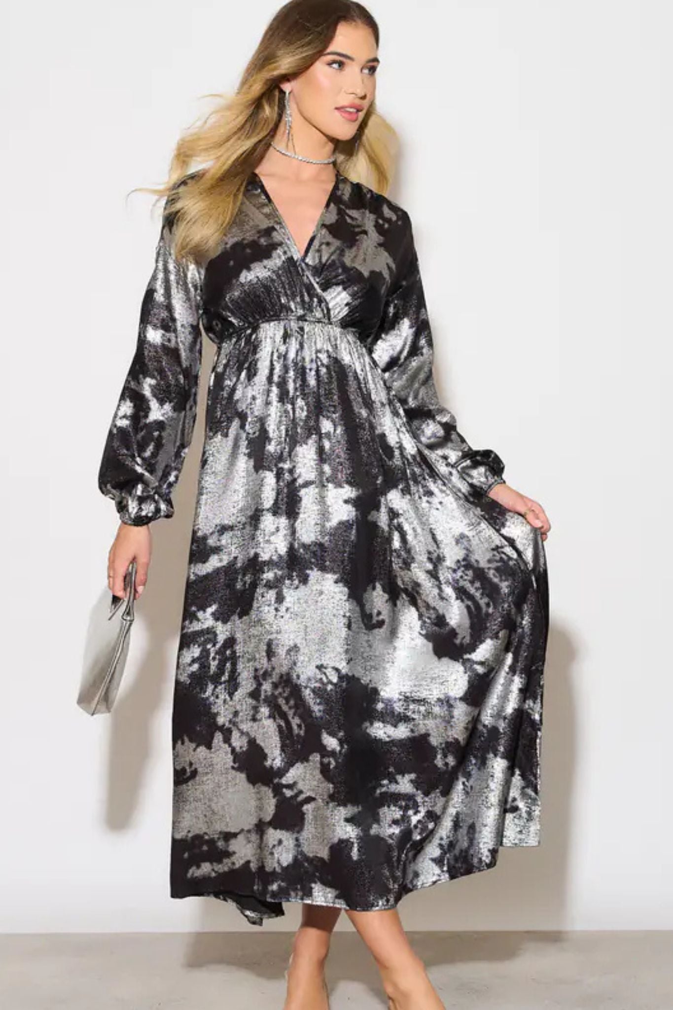 long sleeve wrap dress uk Sarta Women's Wrap Top Maxi Dress Silver Grey Oil Slick Party Dresses Medium (UK 12-14)