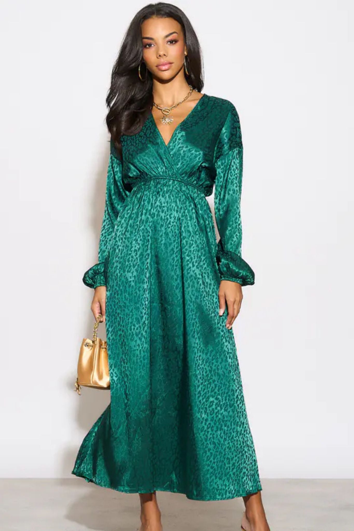 Sarta Women's Green Leopard Print Faux Wrap Maxi Dress | Size: Medium Sarta Women's Green Leopard Print Faux Wrap Maxi Dress | Size: Medium