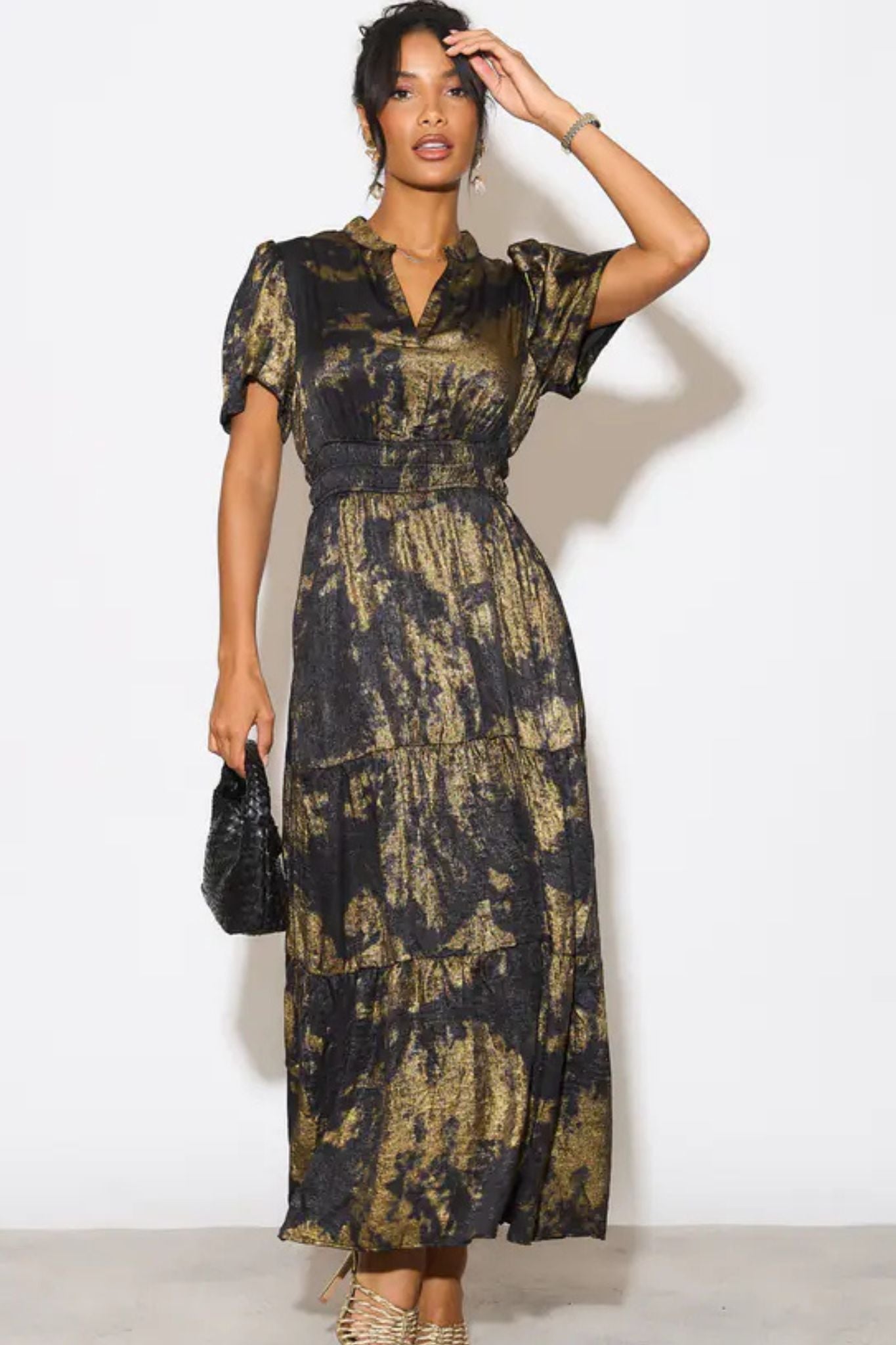 Roxy Tiered Maxi Dress - Black/Gold, Metallic Oil Slick