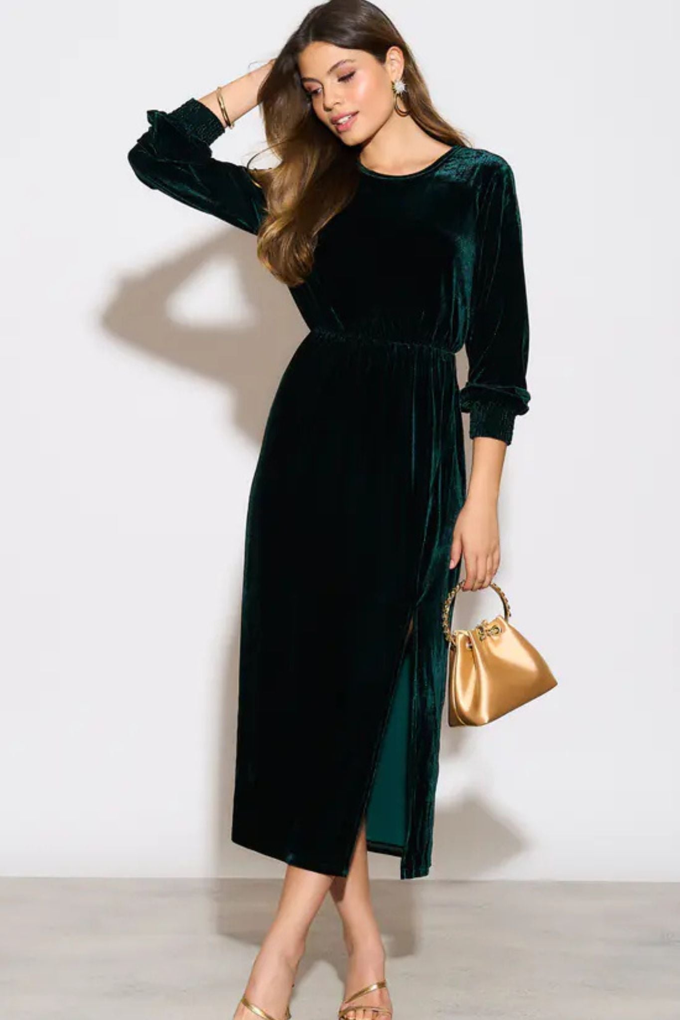 Sarta Green Velvet Midi Dress Long Sleeve Cocktail Dresses Womens UK - Sarta UK Sarta Green Velvet Midi Dress Long Sleeve Cocktail Dresses Womens UK - Sarta UK