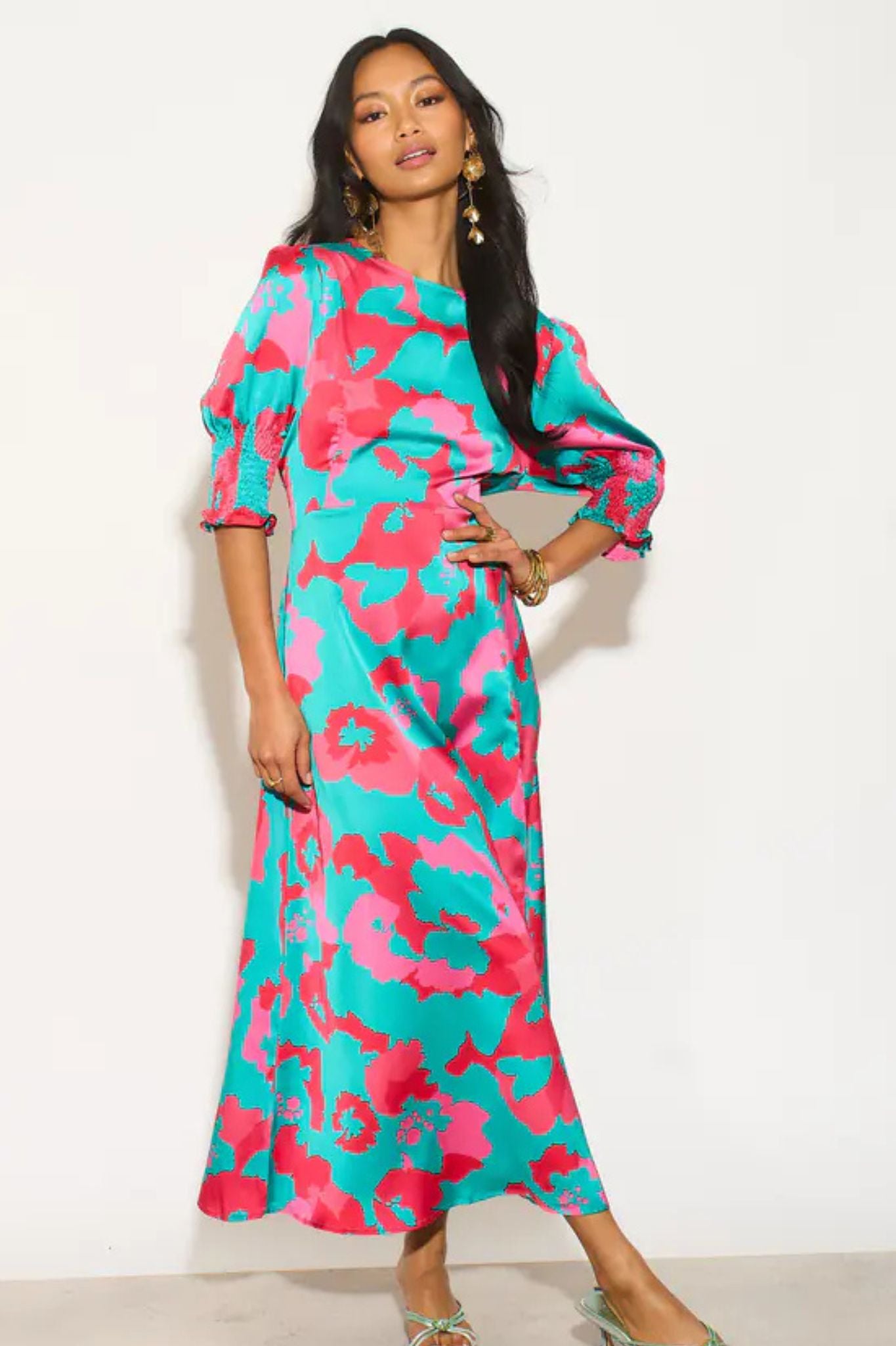 Sarta Turquoise Floral Midi Tea Dress Pink Summer Puff Sleeve Outfit