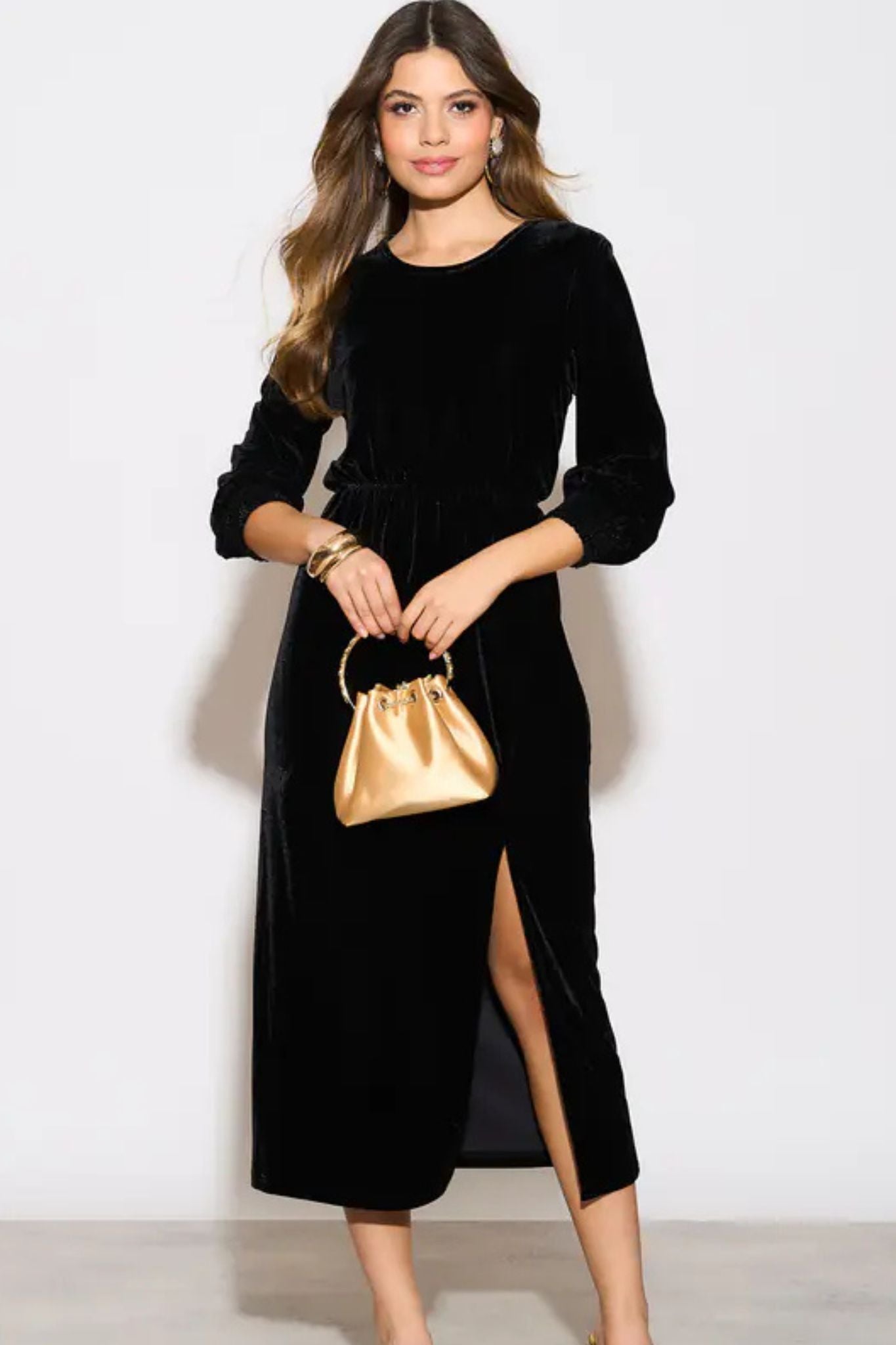 Sarta Women's Black Velvet Long Sleeve Midi Dress | Size: Large Sarta Women's Black Velvet Long Sleeve Midi Dress | Size: Large