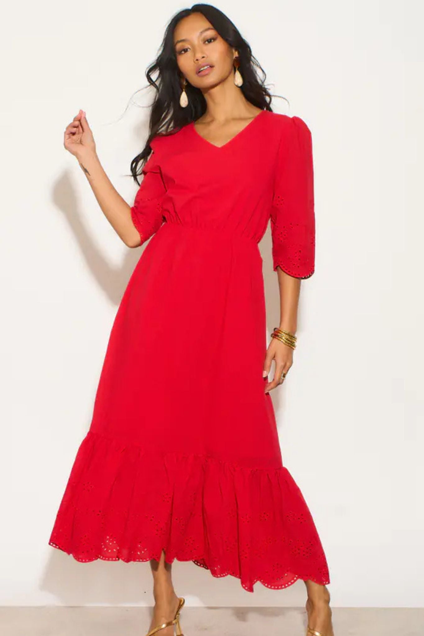 Sarta Women's Broderie Anglaise Fit & Flare Midaxi Dress in Red