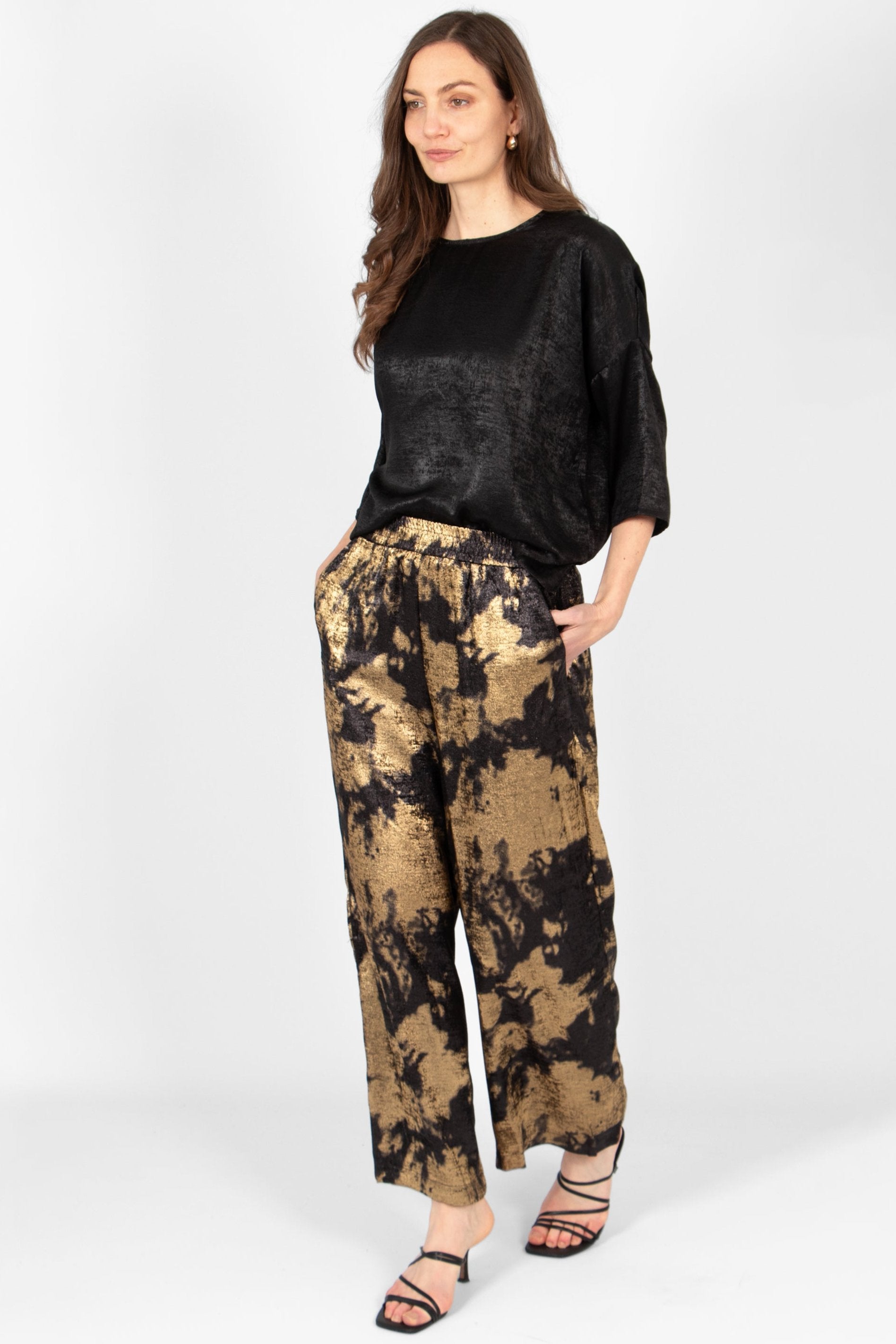 Lena Wide Leg Trouser - Black/Gold, Metallic Oil Slick