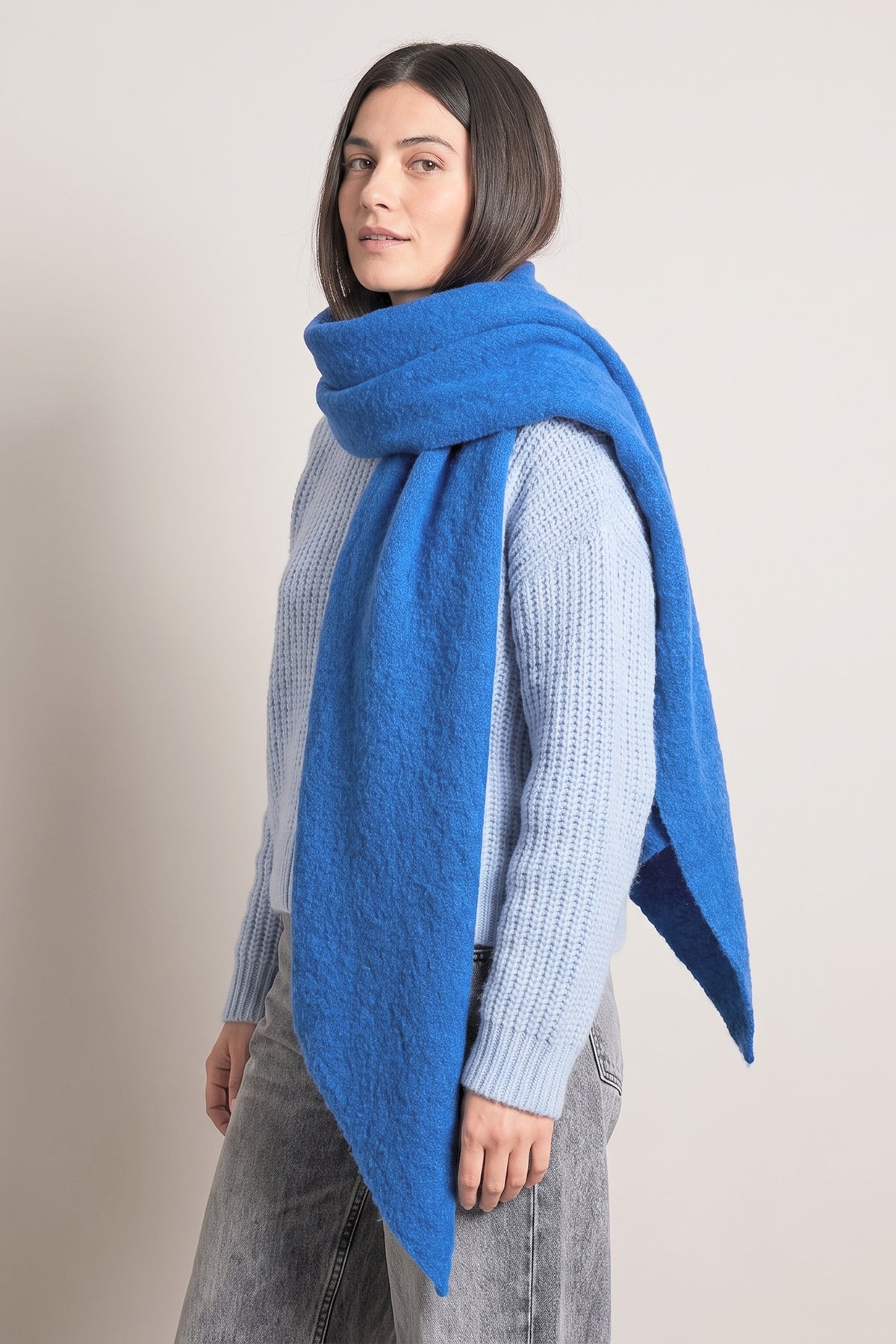 plain royal blue knitted acrylic asymmetric winter scarf