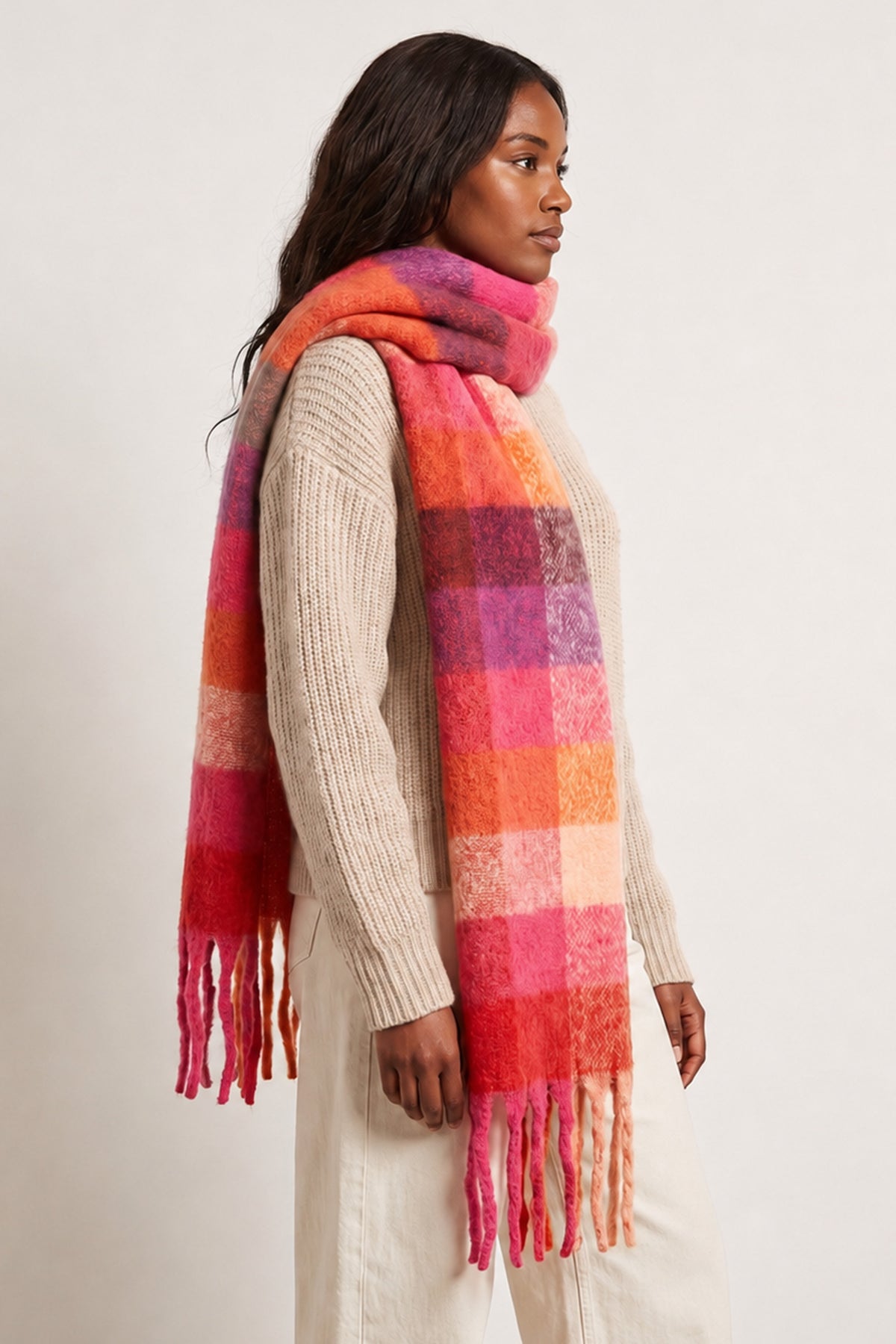 fuchsia pink and orange square colour block pattern scarf with tassels the scarf