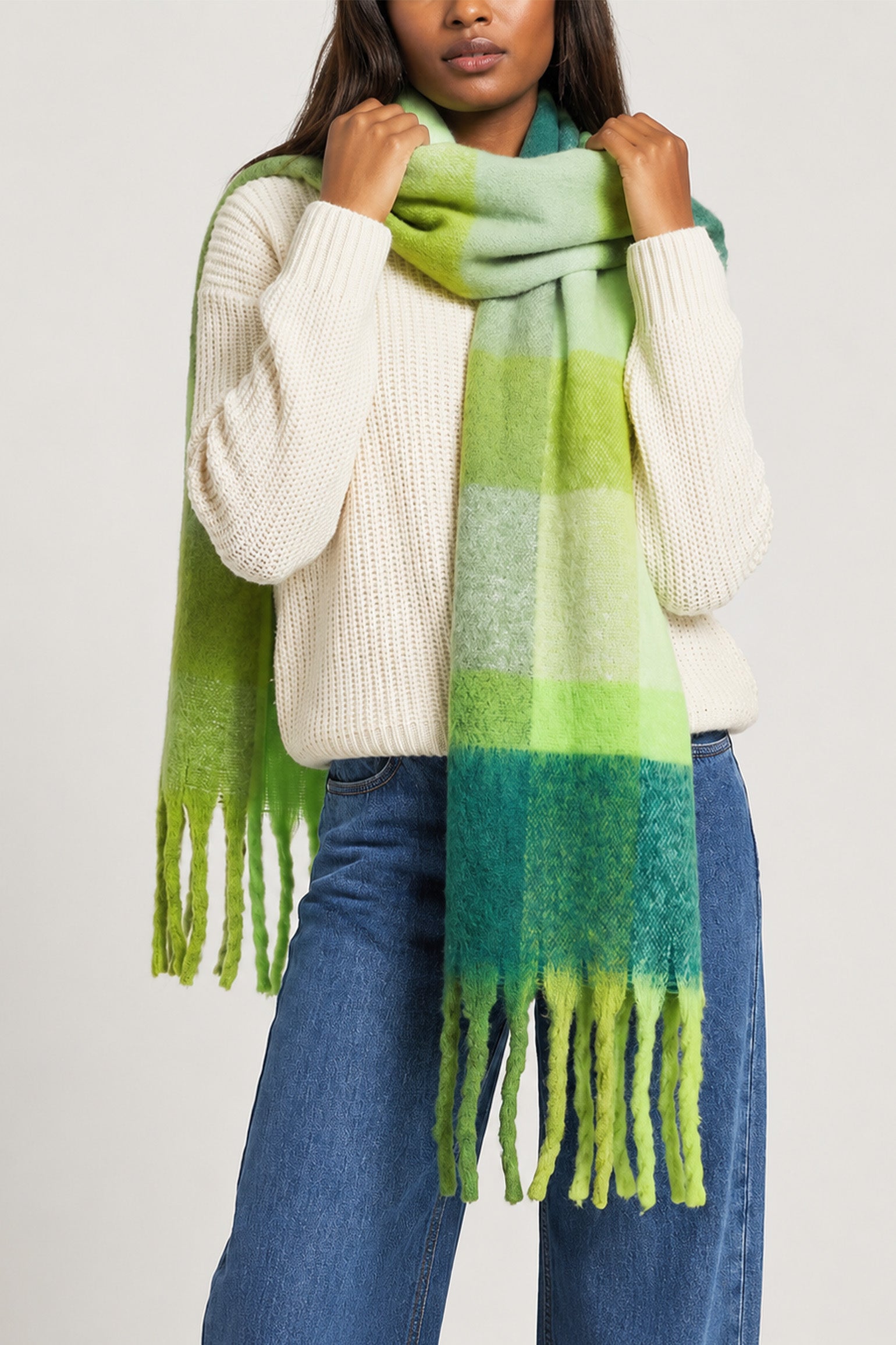 green square colour block pattern scarf with tassels the scarf