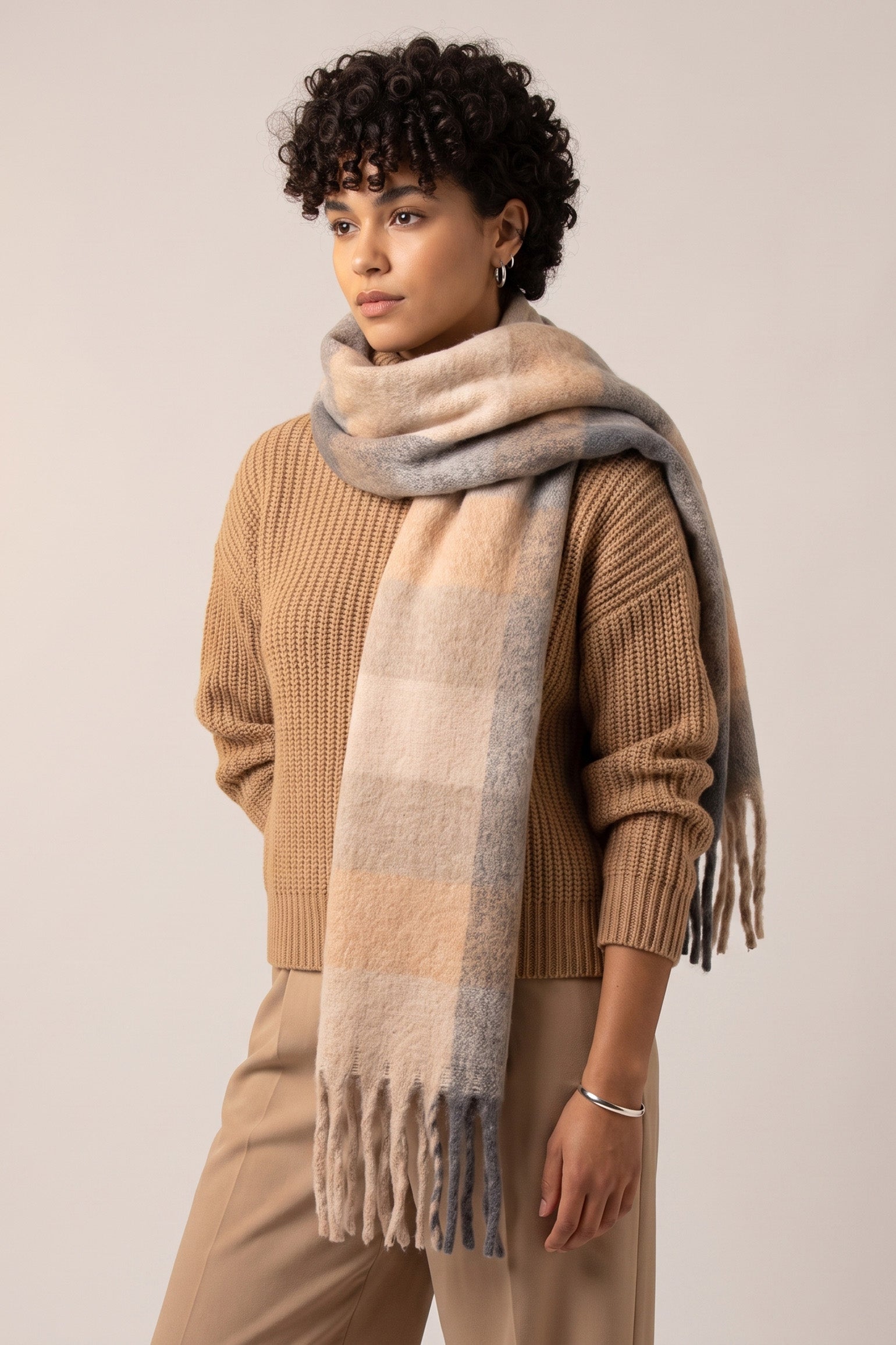 netural tone square colour block pattern scarf with tassels the scarf