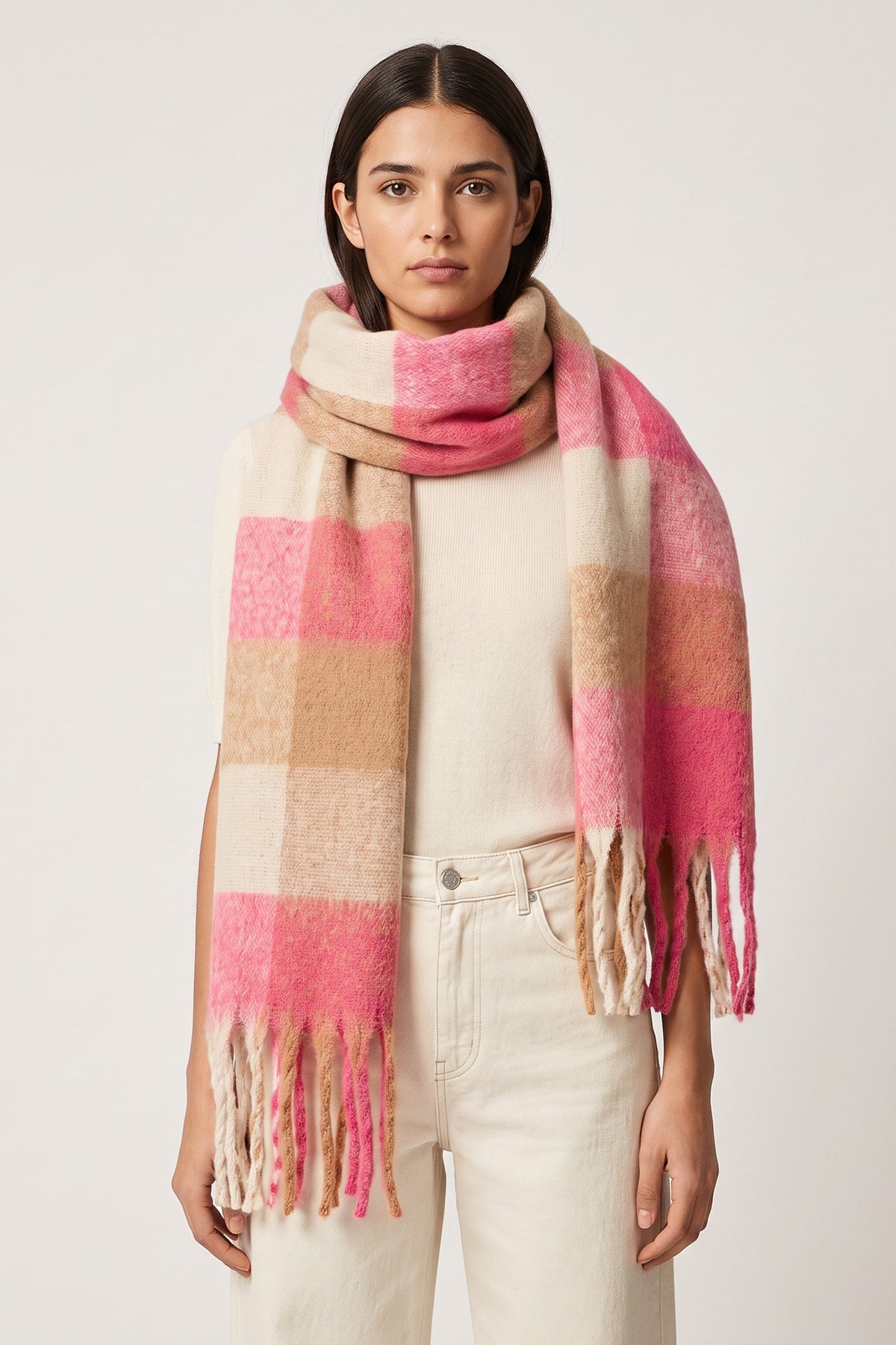pink and neutral tone square colour block pattern scarf with tassels the scarf