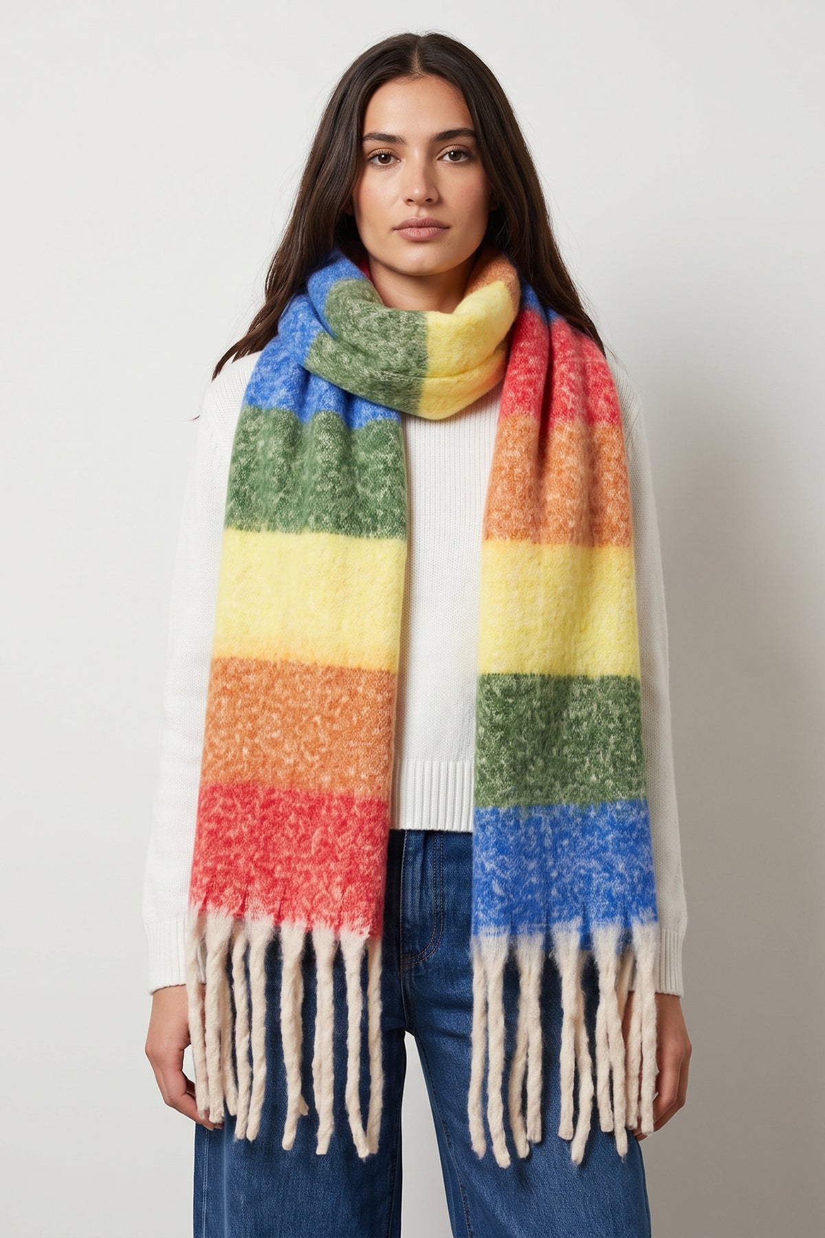 multicoloured horizontal rainbow striped winter scarf with white tassles
