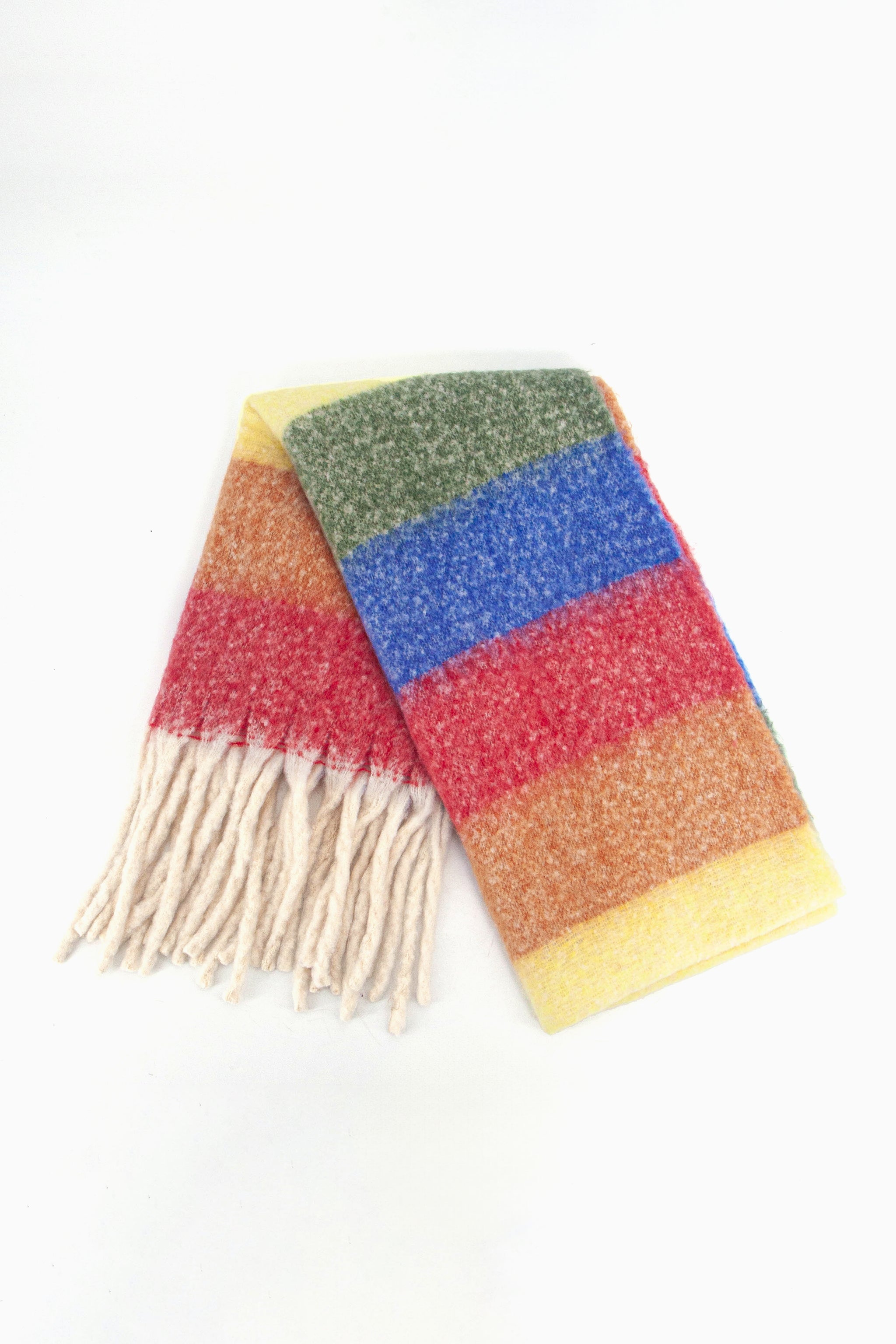 showing the scarf folded while laying flat, the multi colour horizontal rainbow stripe pattern is highlighted. there are yellow, orange, red, blue and green tones visible in the design.