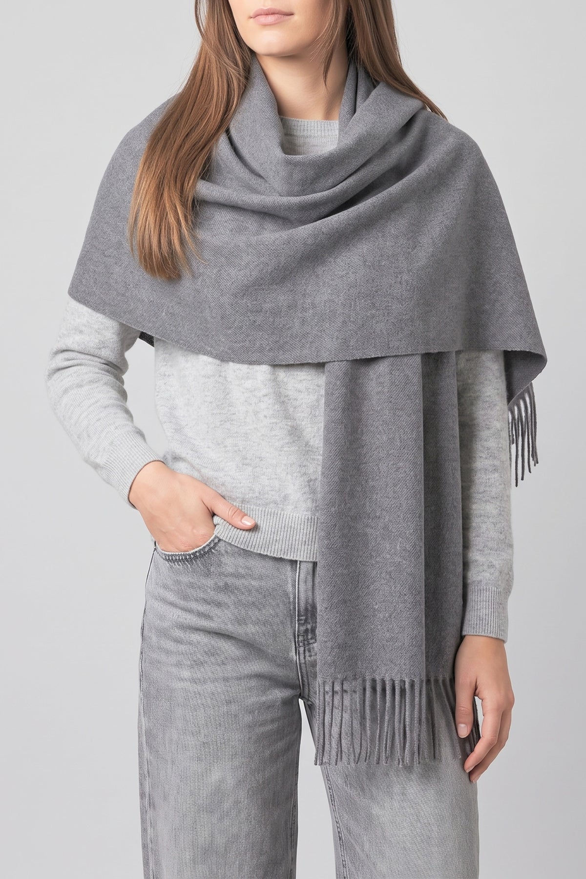 plain grey winter scarf with a tasselled fringe