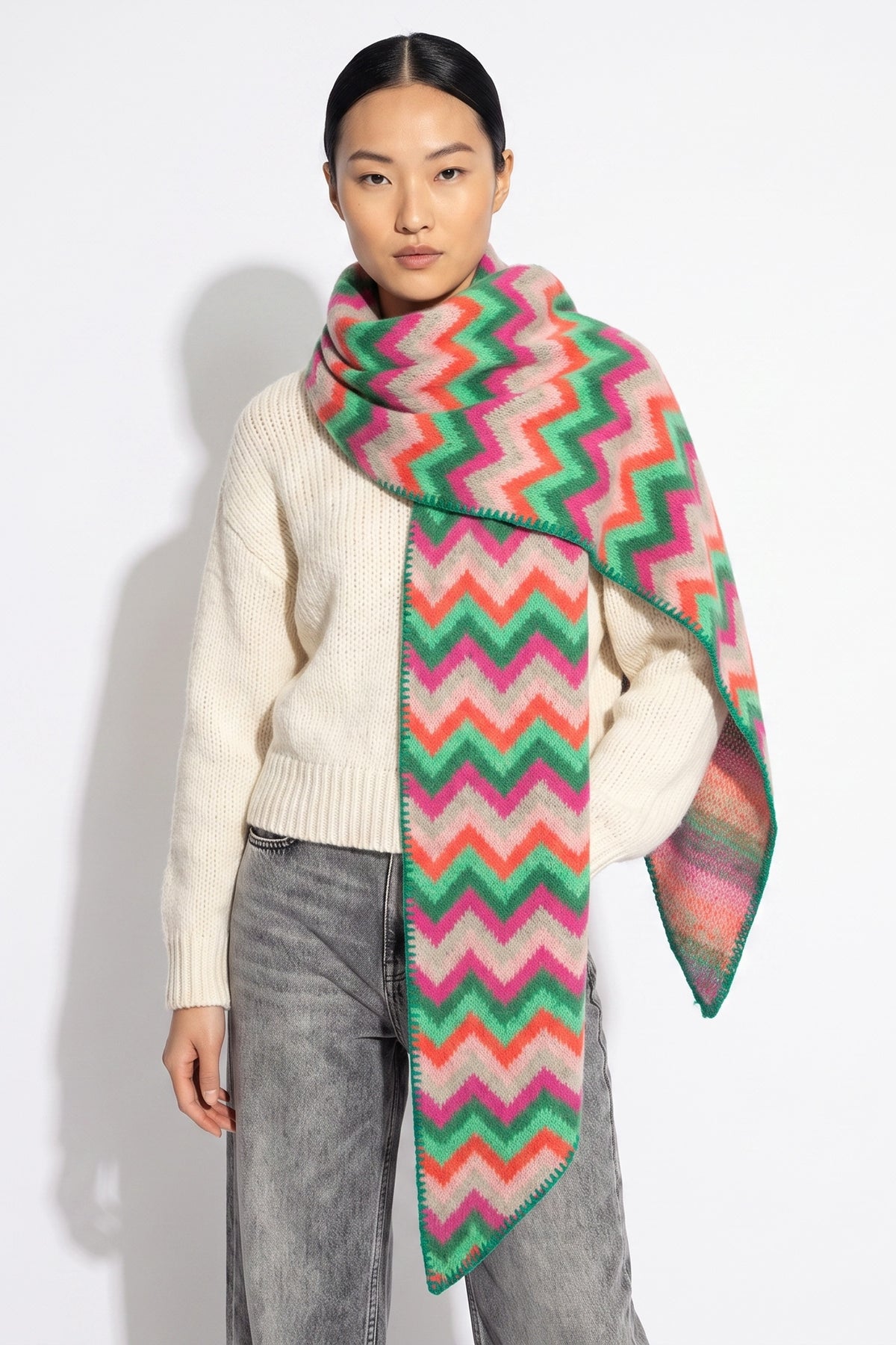 green and pink zig zag pattern asymmetric winter scarf