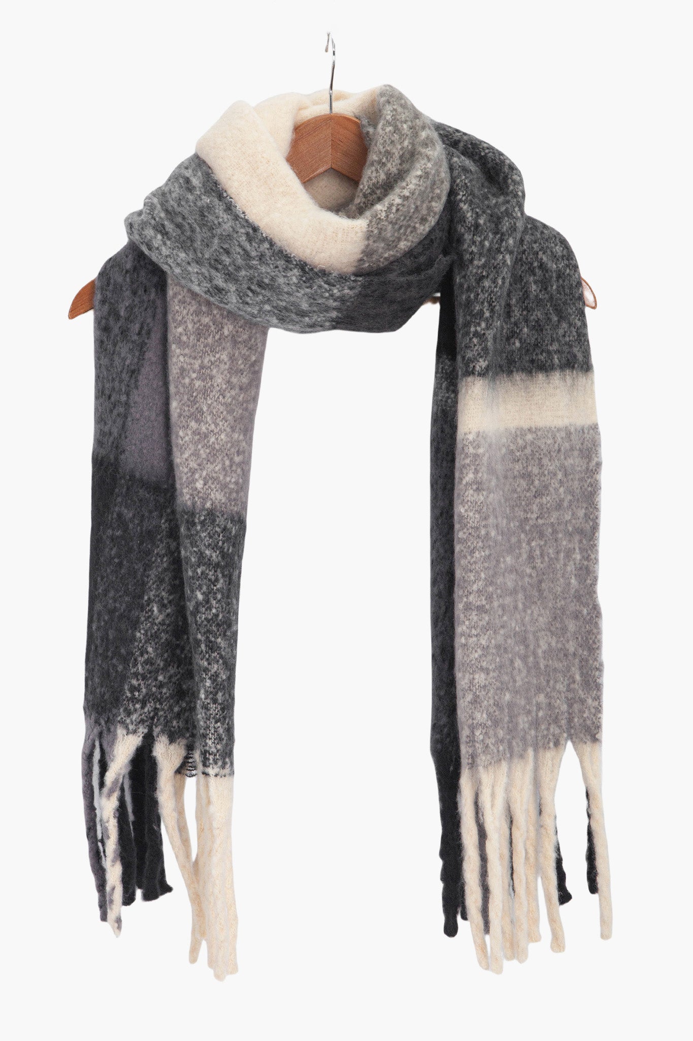 yara-black-square-colour-block-heavyweight-scarf-draped-on-coat-hanger