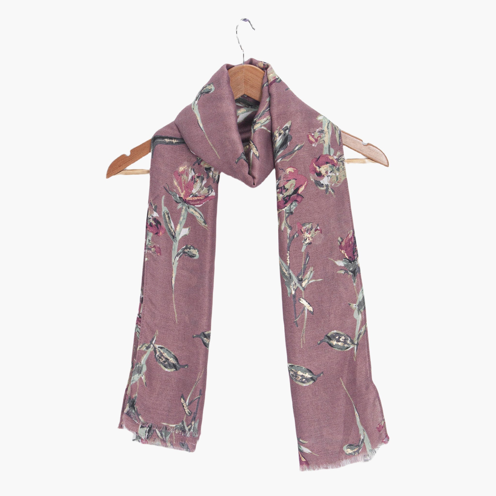 vaeda-pink-floral-lightweight-scarf-draped-on-coat-hanger
