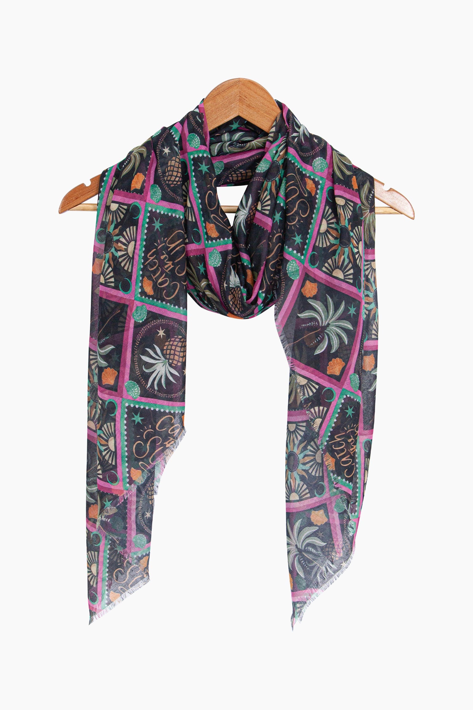Tropical-Pineapple-Lightweight-Scarf-in-Black-On-Hanger