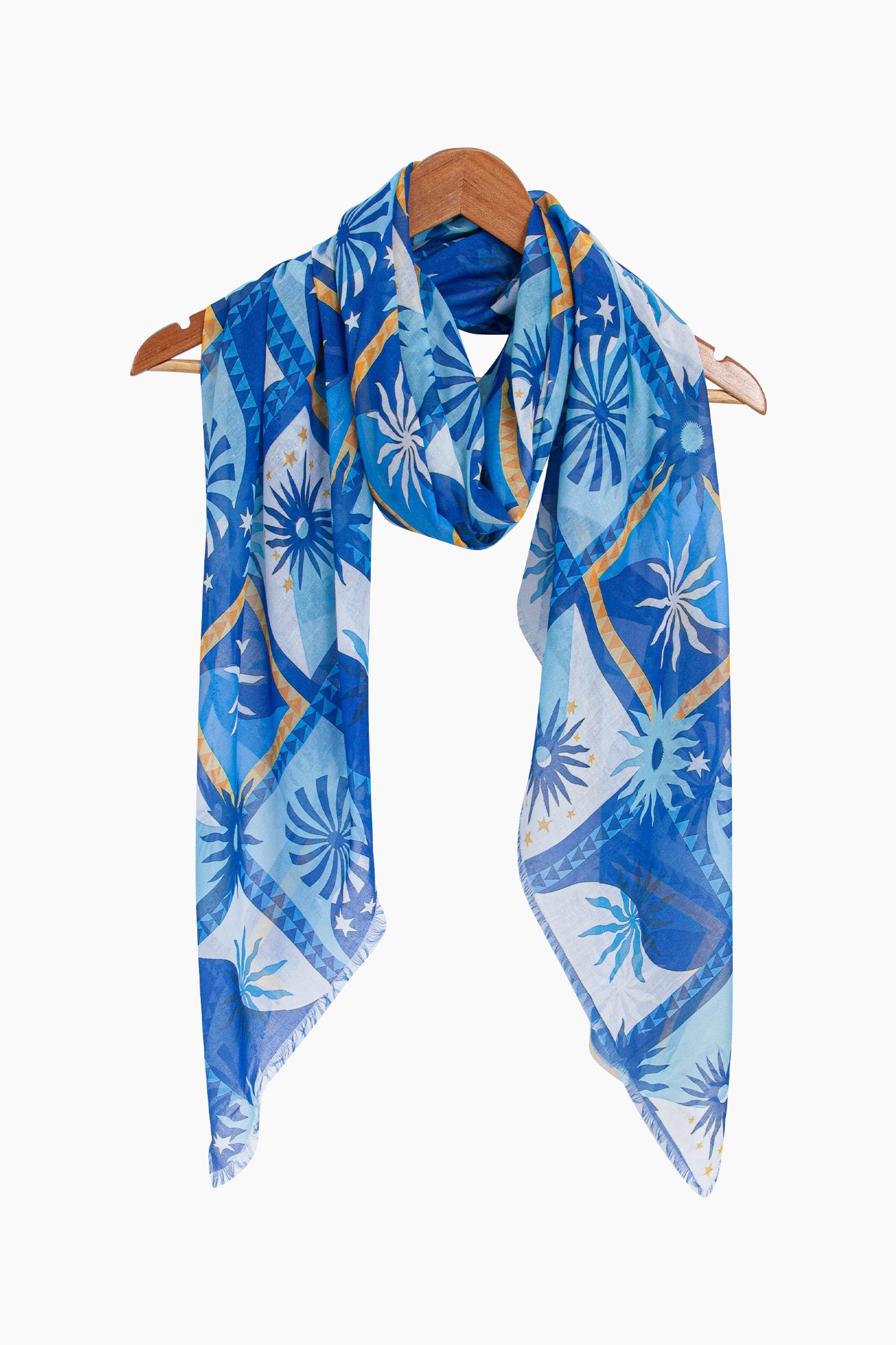 Sun-Tile-Print-Lightweight-Scarf-in-Blue-On-Hanger