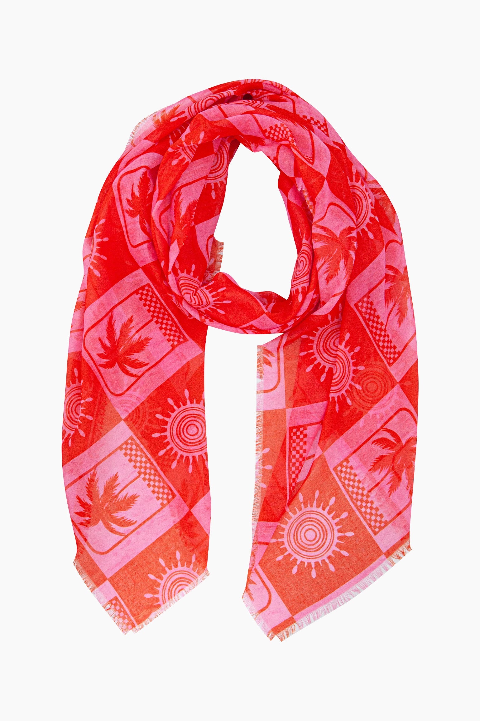Palm-Tree-&-Suns-Lightweight-Scarf-in-Hot-Pink/Red-Looped