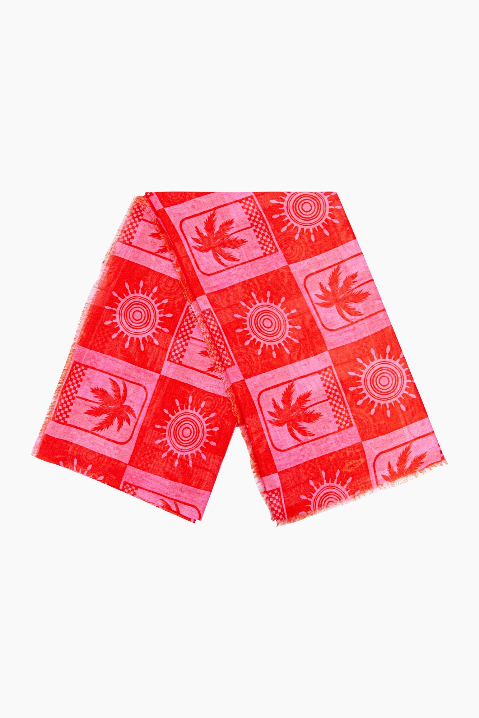 Palm-Tree-&-Suns-Lightweight-Scarf-in-Hot-Pink/Red-Folded