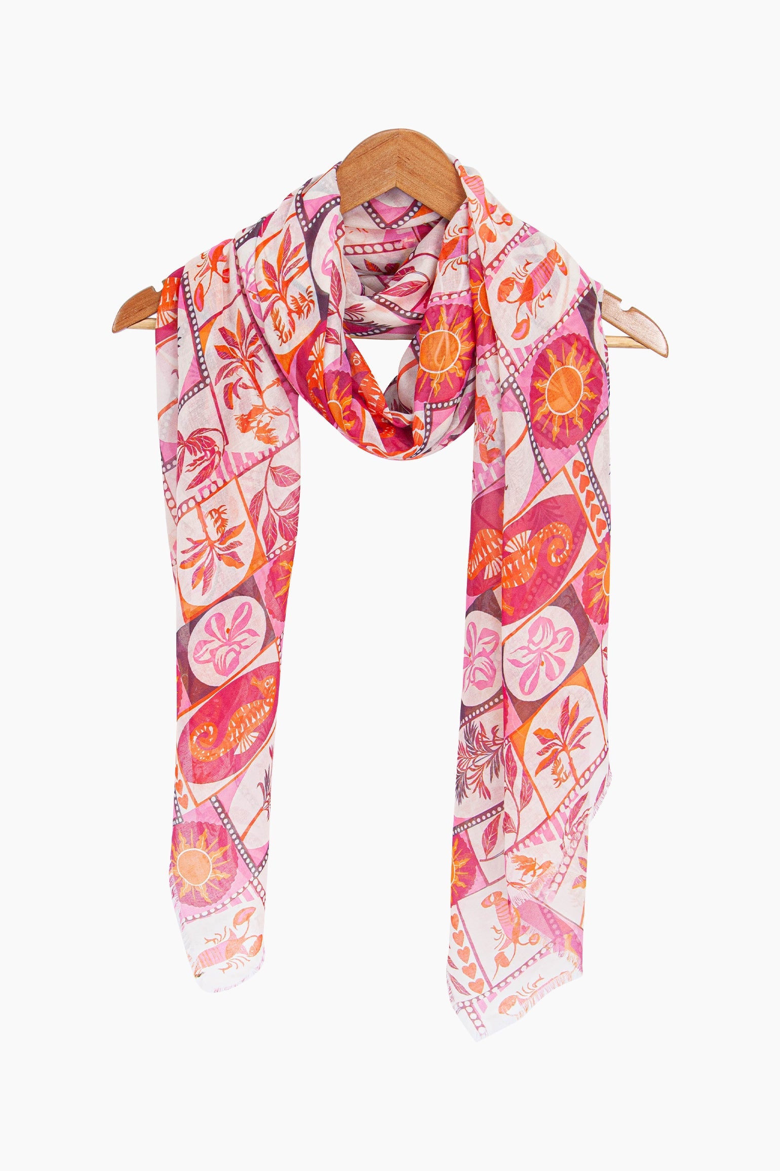 Postcard-Print-Lightweight-Scarf-in-Pink-On-Hanger
