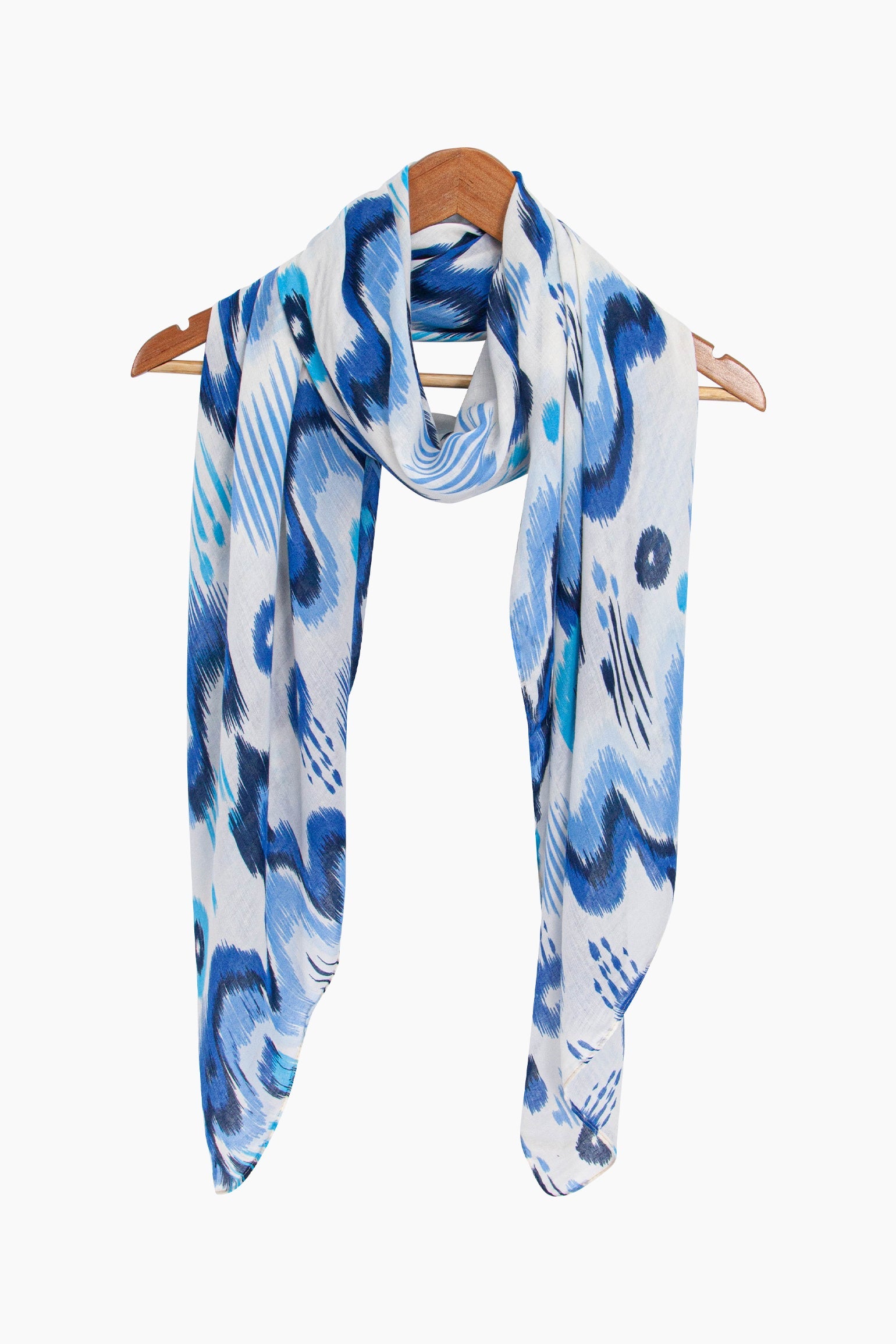 Ikat-Print-Lightweight-Scarf-in-Blue-Draped