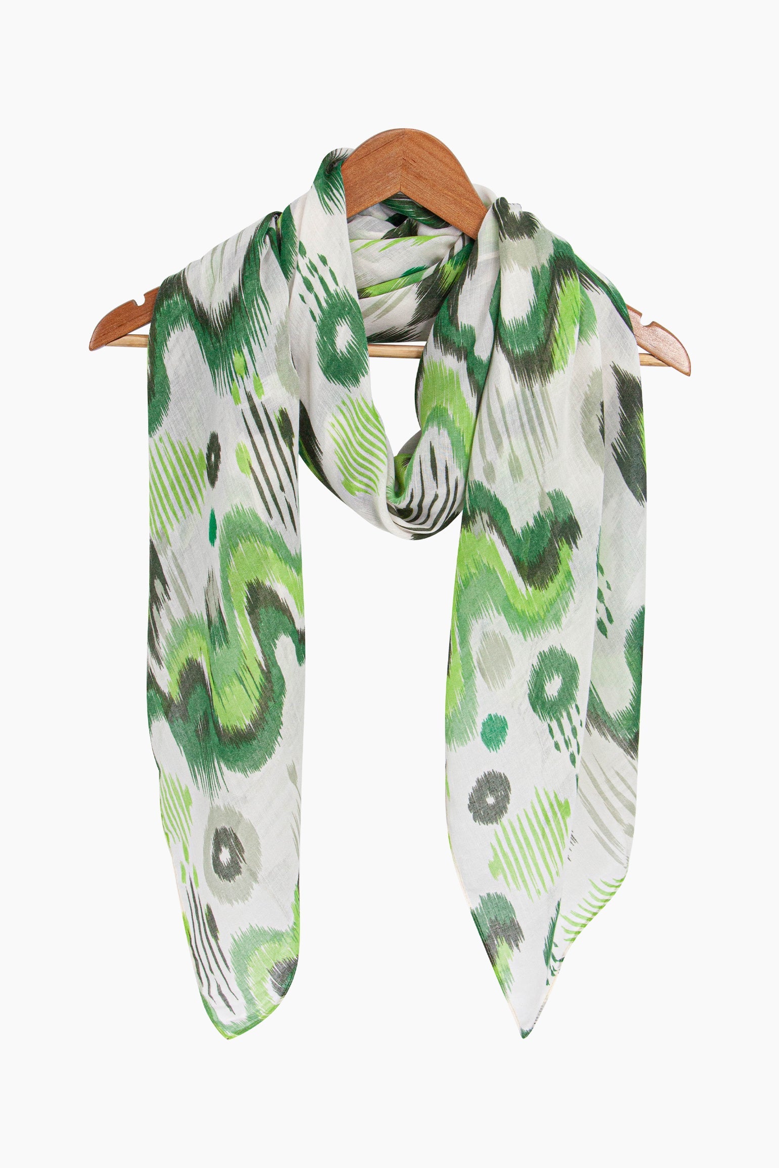Ikat-Print-Lightweight-Scarf-in-Green-Draped