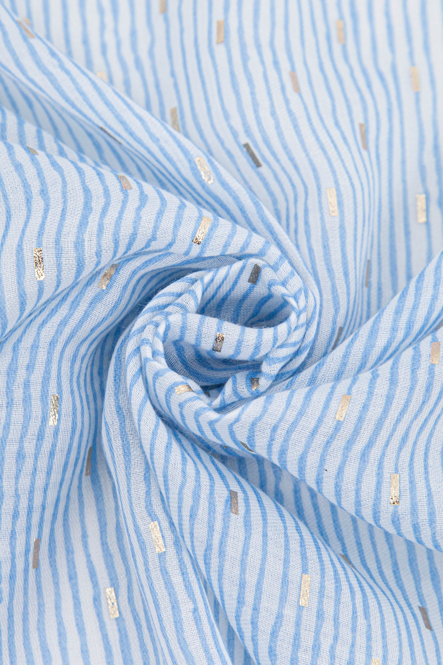 Gold-Matchstick-Print-Lightweight-Scarf-in-Blue-Closeup