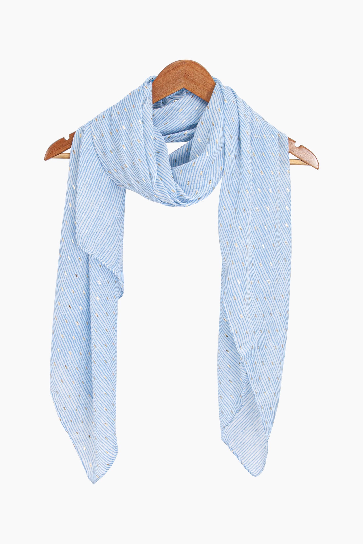 Gold-Matchstick-Print-Lightweight-Scarf-in-Blue-Draped